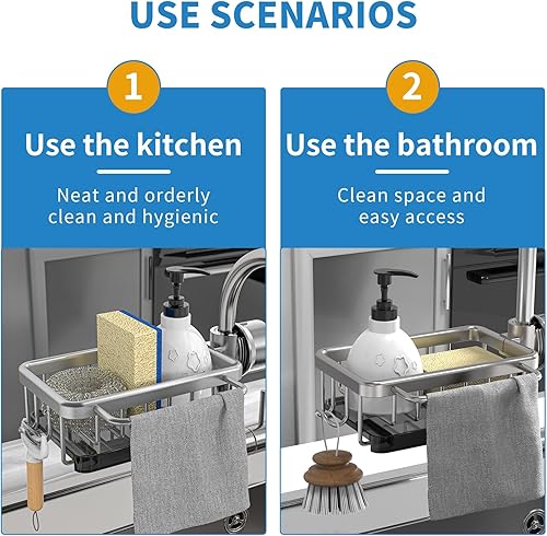 Miniatura 4 de PROJOY Soporte de esponja para platos sobre grifo de cocina, organizador de fregadero de cocina, estante de drenaje desmontable de aluminio espacial