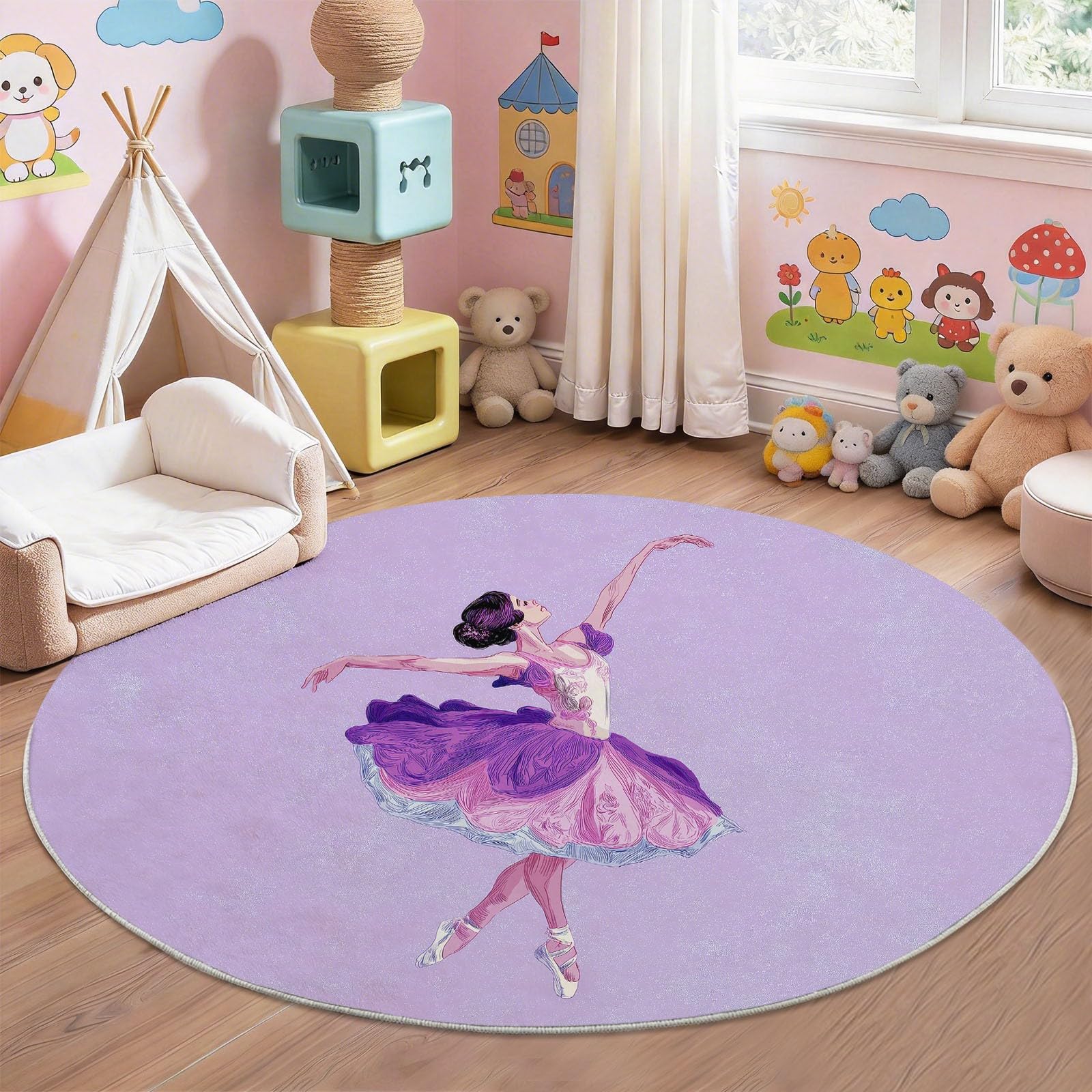 Generico Viola Ballerina Tappeto Rotondo Salotto 120 cm, Lavabile e Antiscivolo, Incantevole Raffinata e Sognante Pelo Corto Morbido per Camera e Studio, Ideale per Famiglie