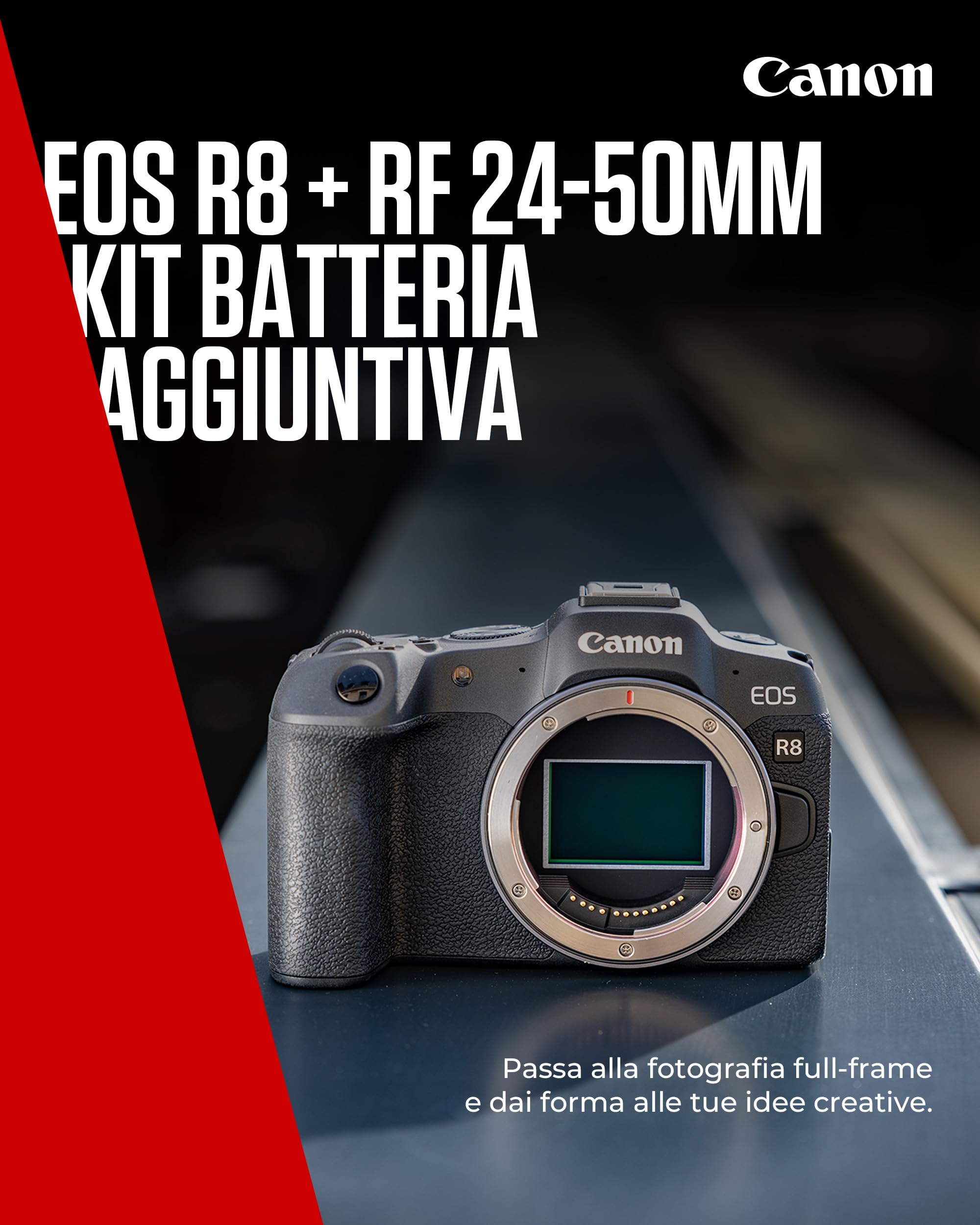 Canon EOS R8 + RF 24-50mm F4.5-6.3 + 2x Batterie (Kit Batteria Aggiuntiva) - Fotocamera Digitale Mirrorless - Sensore CMOS Full-Frame da 24,2 MP - Dual Pixel CMOS AF II - Composizione Integrata
