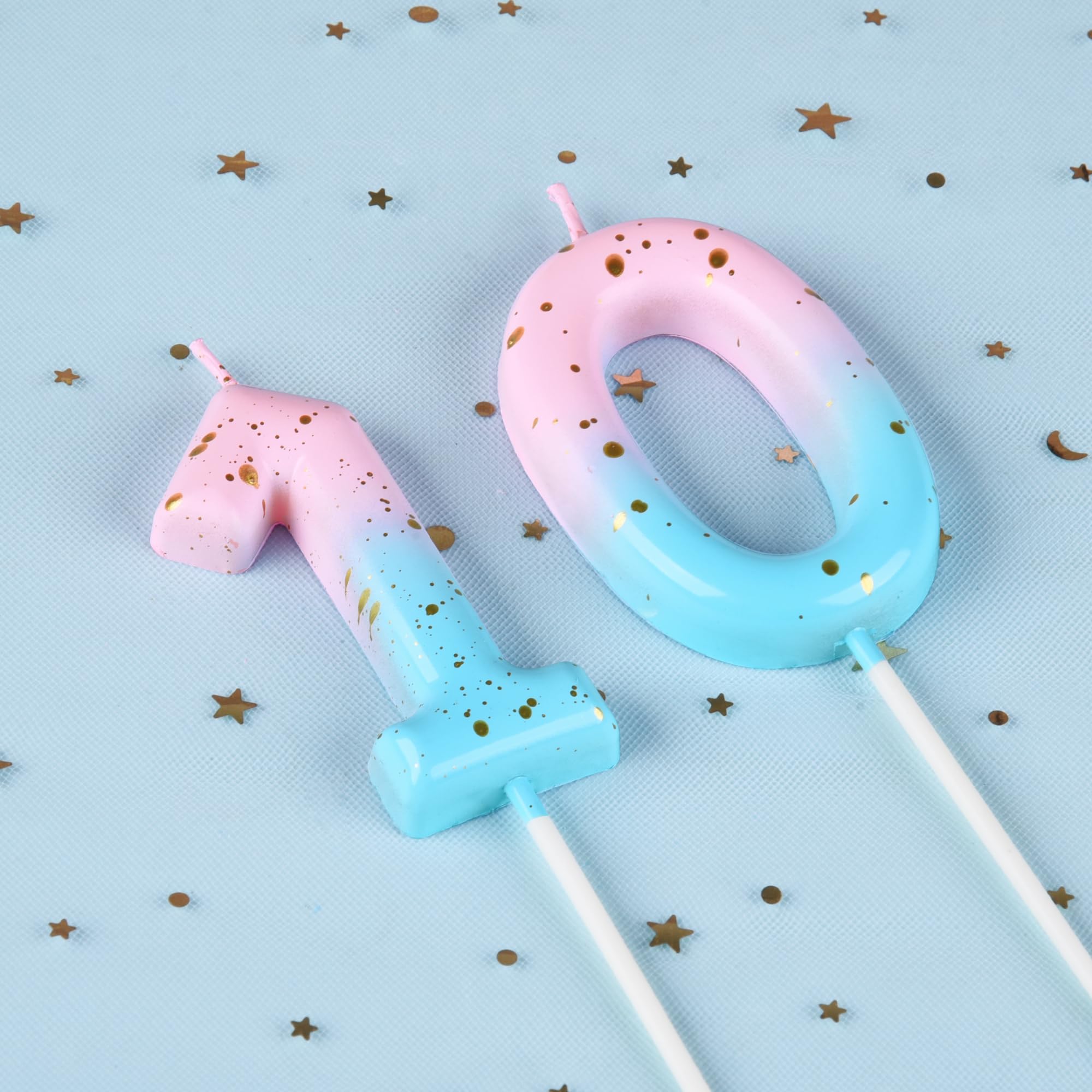 Velas clásicas de cumpleaños de 2.76 pulgadas, color rosa, azul, dorado, número 10, velas de números dorados, velas con números de pastel, celebración de fiesta