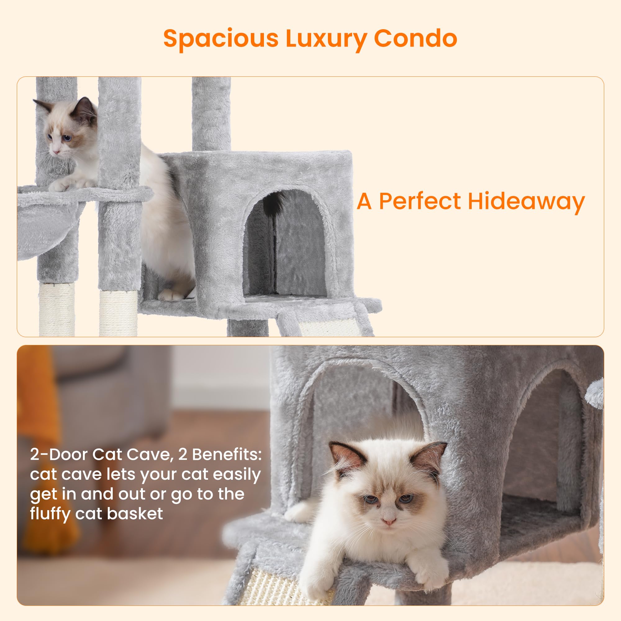 Heybly Cat Tree, Cat Tower Condo for Indoor Cats with Padded Plush Perch and Cat Self Groomer Brush,Cat House with Basket Scratching Board Post, Light Gray HCT005SW — view 5