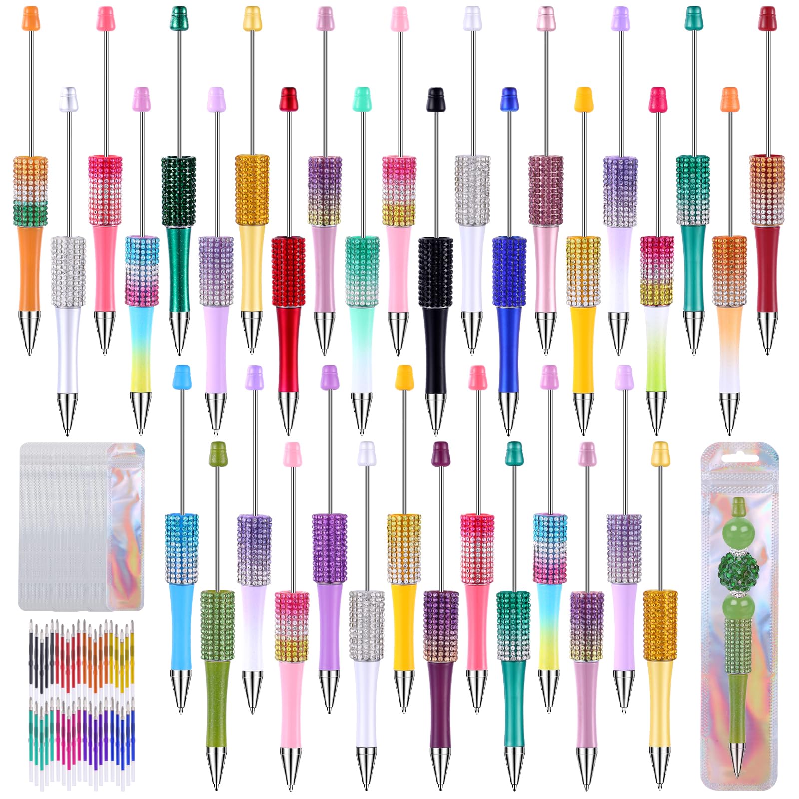 90 Pcs DIY Diamond Beadable Pen Kit Multicolor Bulk Ballpoint DIY Crafting Pens with 8 Colors Refills & Bags for Students Teens Teachers School Office Accessories Supplies