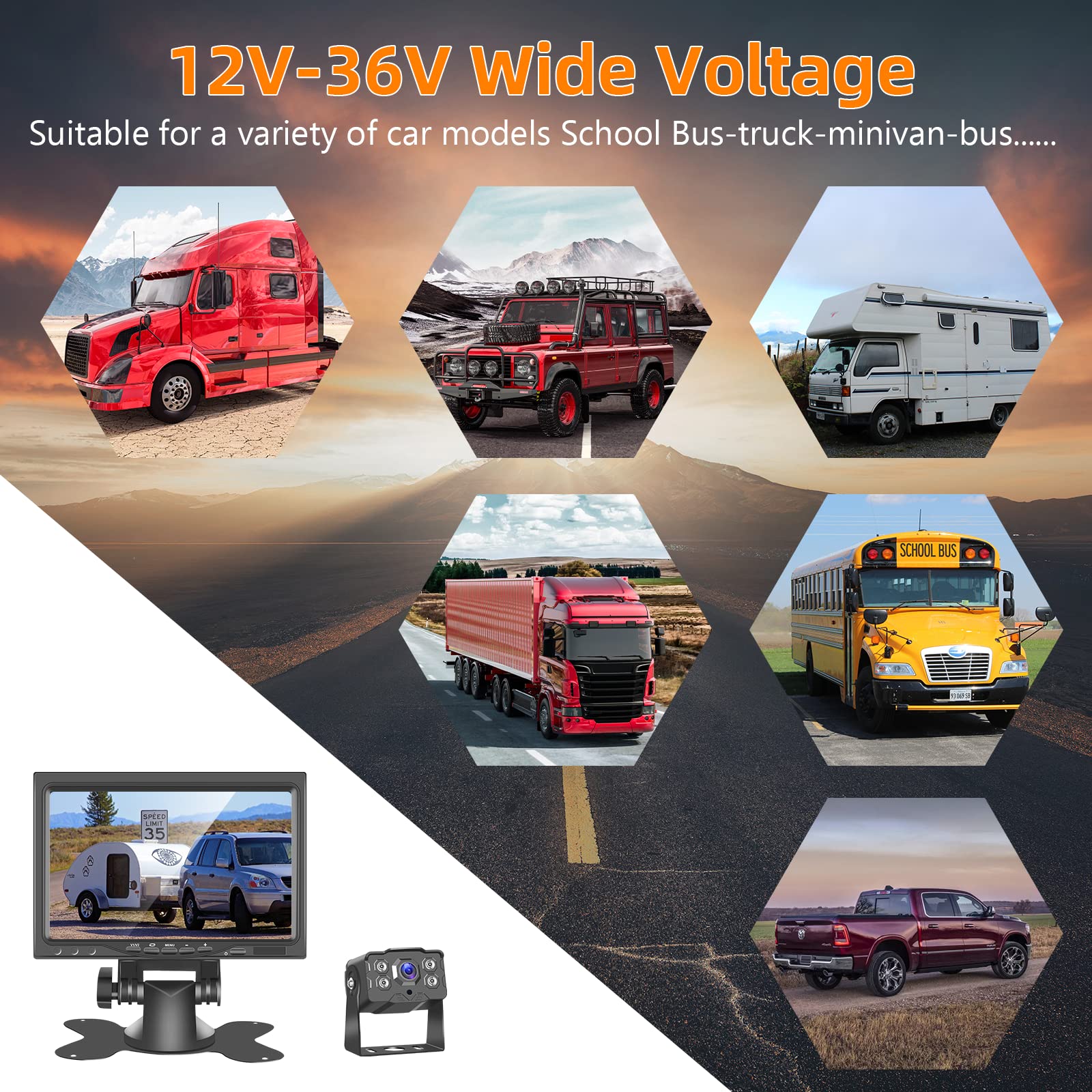 Hodozzy Cámara de Marcha Atrás con Monitor IPS de 7" y Cámara AHD, Impermeable IP68, Camara de Visión Trasera con Visión Nocturna Infrarrojos, 15 m Cable 4 Pines para Camión/Remolque/Bus(9-36 V)
