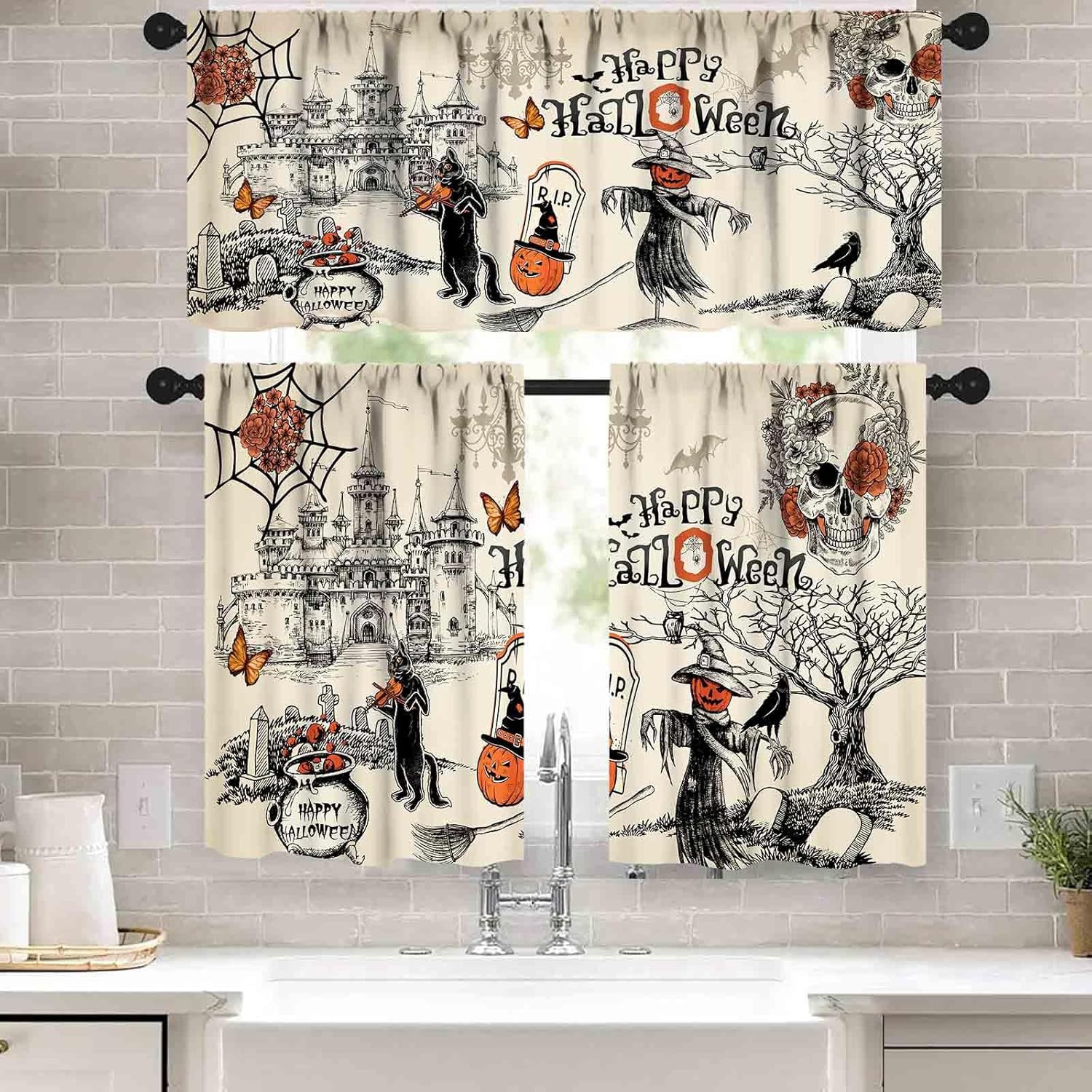 Halloween Valance Curtain for Kitchen,Gothic Horror Pumpkin Skeleton Castle Short Rod Pocket Window Curtains for Bathroom Bedroom Living Room,Halloween Decorations for Home 3 Piece Set