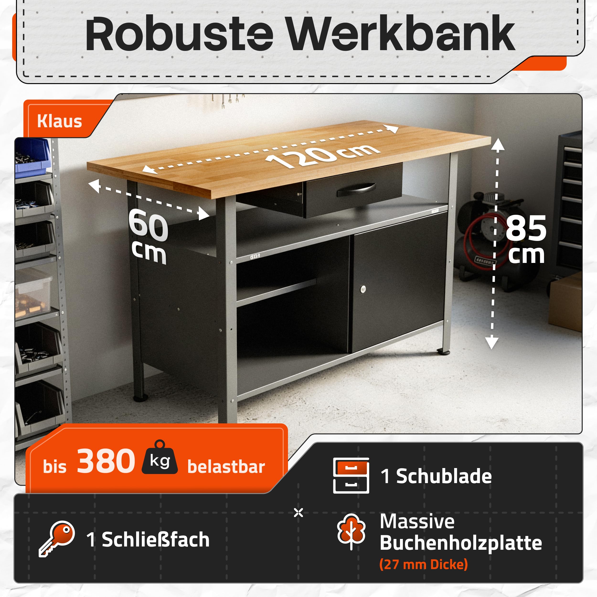 Ondis24 Stół warsztatowy Klaus 120 cm, metalowe drzwi zamykane, nogi z regulacją wysokości, wysokość robocza 85 cm, czarny blat bukowy