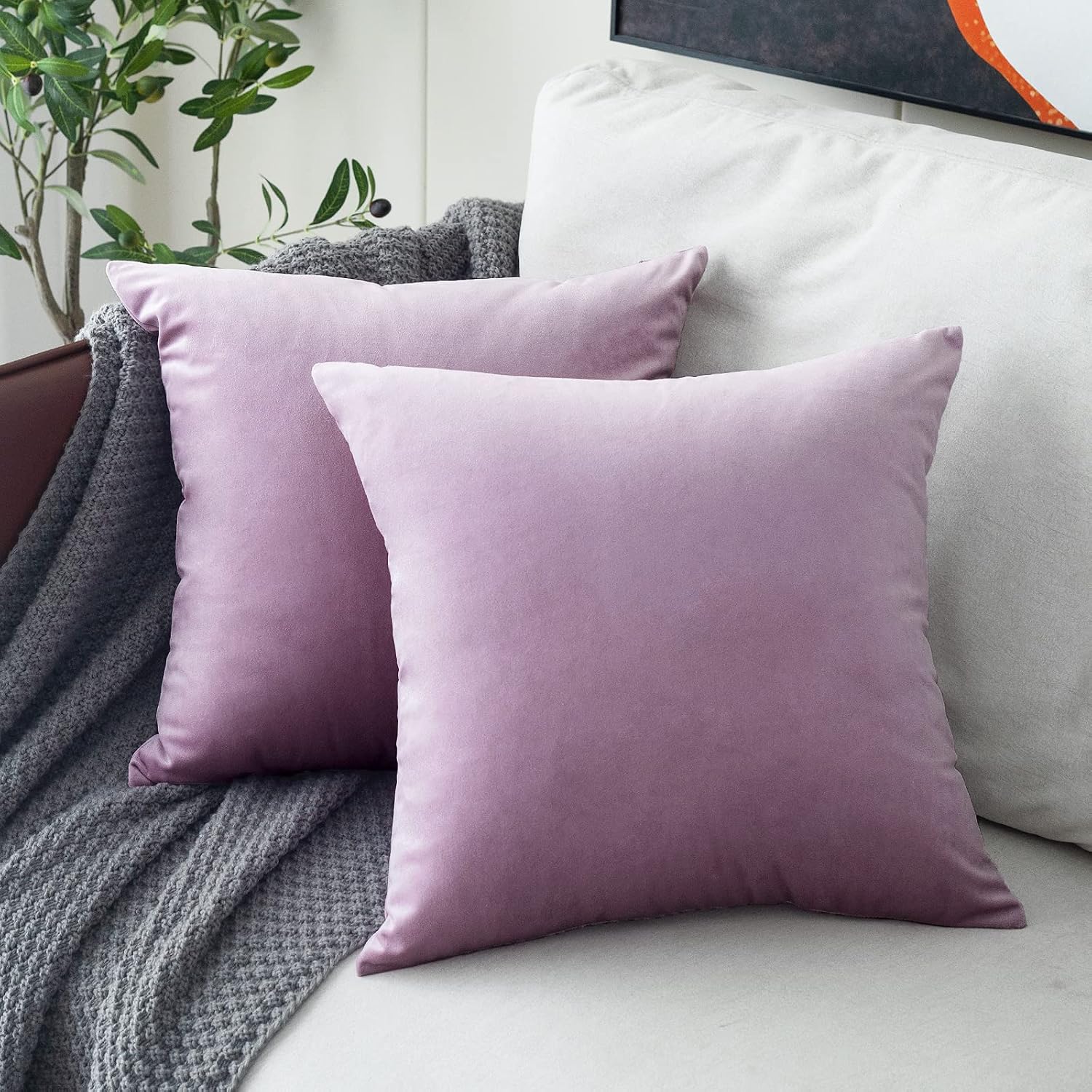 MUDILY Pack of 2 Velvet Supersoft Decorative Square Throw Pillow Covers Cushion Case Decor Pillowcases for Sofa Chair Bed Bench and Outdoor, Lavender 20 x 20 Inch