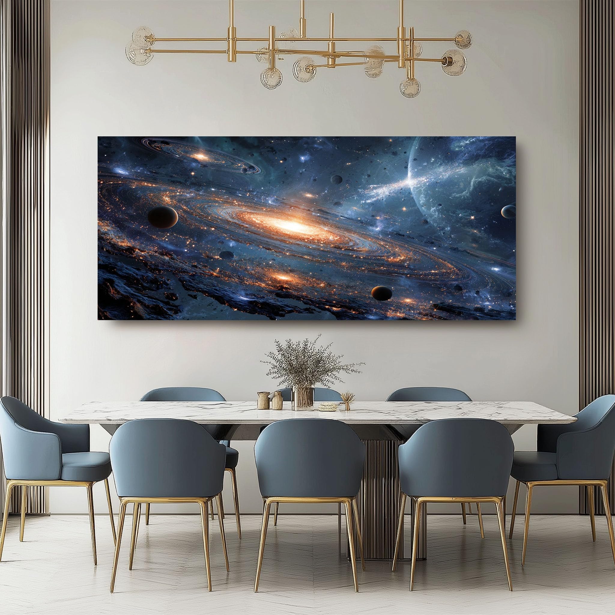 Generico Quadro su Tela Universo Fantasy Decorazioni Parete Senza Cornice | Soggiorno Stelle Di Fantascienza Quadri per Cucina e Salotto, Arte da Parete XXL Blu E Oro Quadro Moderno 80x160 cm