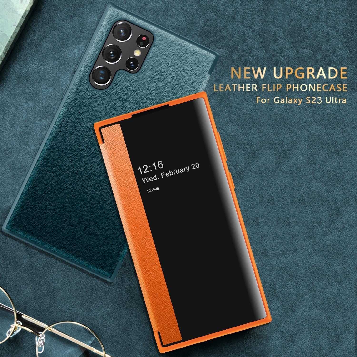 Smart Case Compatible with Samsung Galaxy S23 Ultra, Translucent View Window Ultra Slim Leather Protective Case for Samsung Galaxy S23 Ultra（Orange）