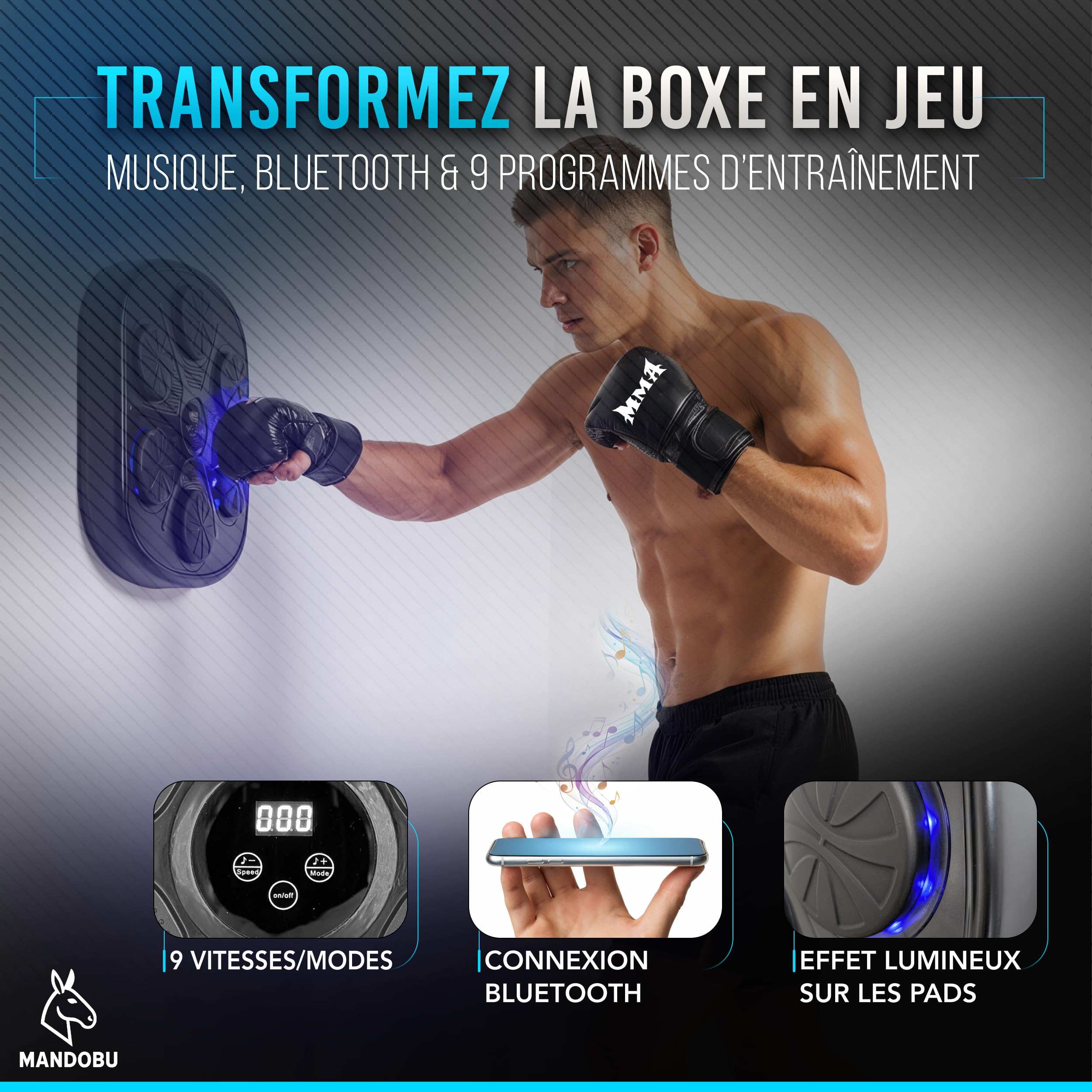 Machine de Boxe Musicale Bluetooth Adulte – Entraînement Réflexe et Cardio – Tutoriel MMA Inclus – 9 Modes & 9 Vitesses – Gants Inclus – Mandobu