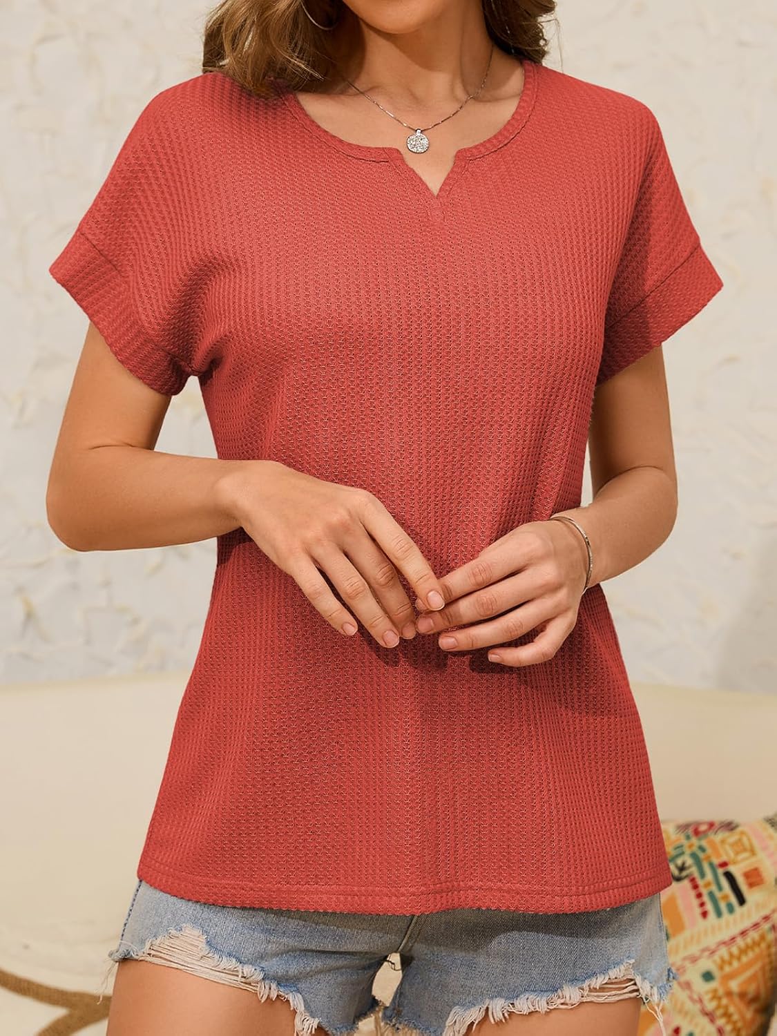 Waffle Knit Tops for Women V Neck Short Sleeve Casual Shirts Loose Summer Tunic Tops Blouses - Image 4