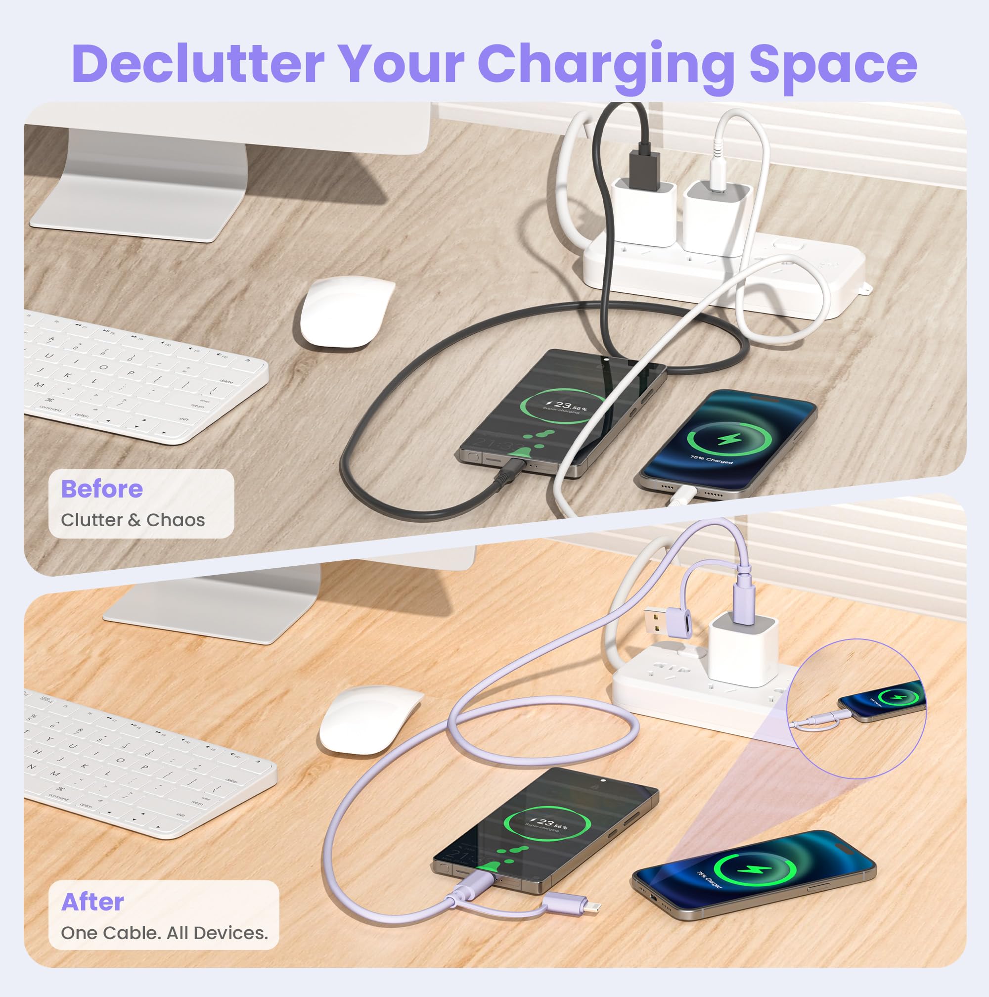 Elebase Câble de Charge USB C pour iPhone 17,Cable 4-en-1 Multiple 2M avec Adaptateurs USB A et Lightning,Cordon de Charge 60W USB-C pour Apple 17e 16 15 14 Pro Max Plus,iPad Air,Samsung S26 S25 Ultra