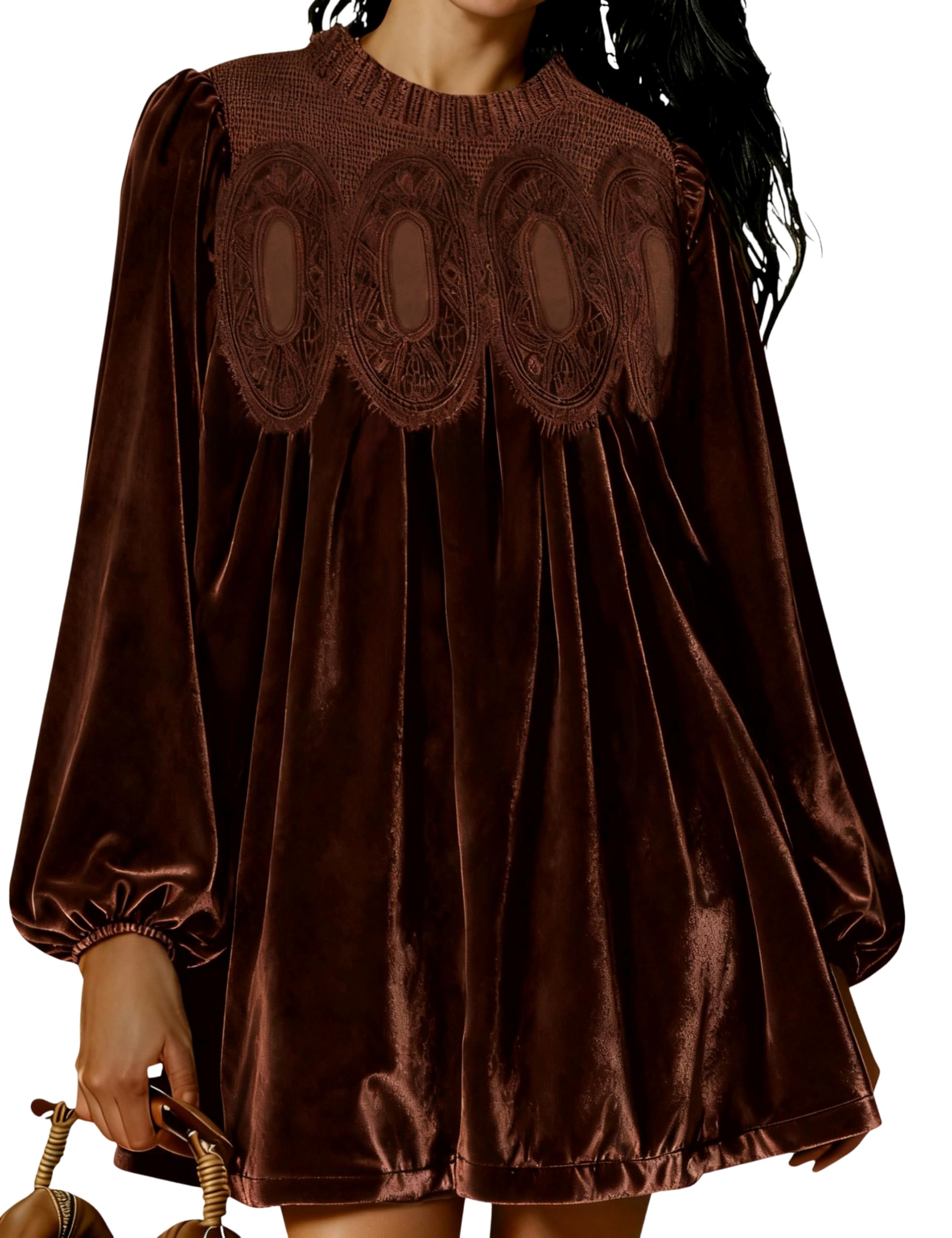 Womens A-Line Velvet Lace Overall Pleated Swing Babydoll Casual Skirtall Scallop Neck Flared Wedding Mini Dress