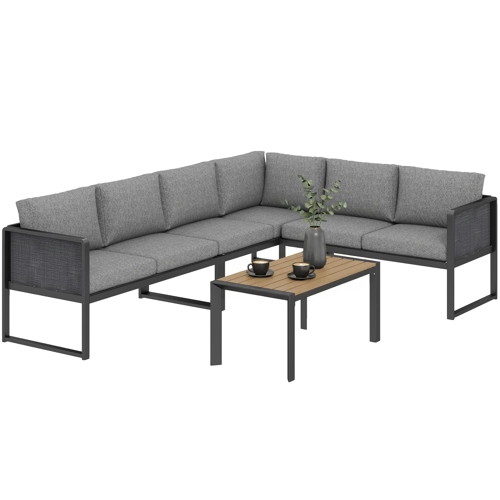 Outsunny Salon de Jardin Extérieur d'angle Modulable 6 Personnes Gris Foncé | Canapés, Table Basse à Lattes Effet Bois, Coussins, Structure en Métal et Textileline, Mobilier de Jardin Terrasse Balcon