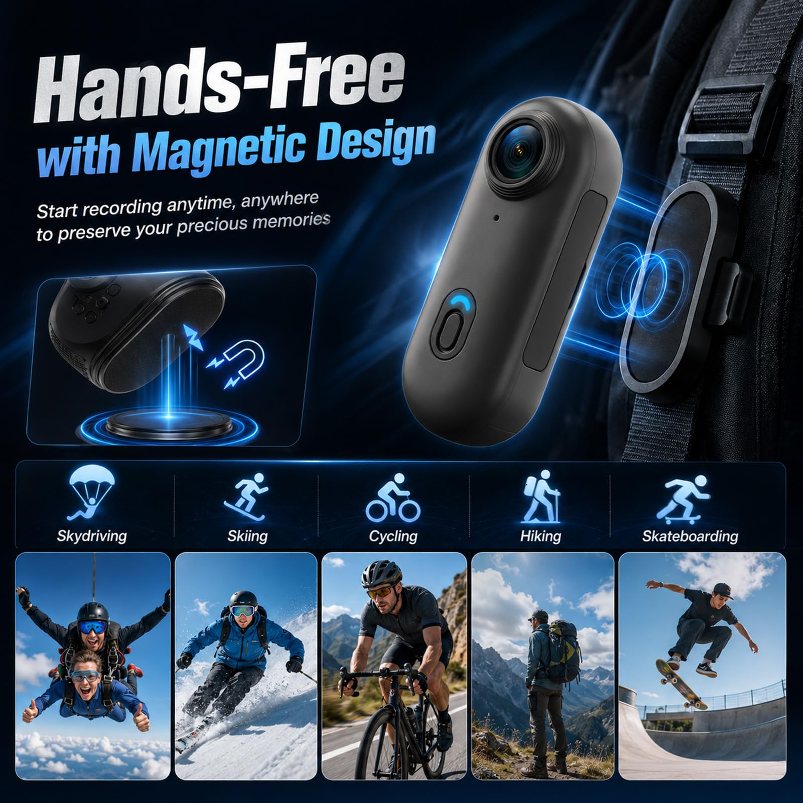 NHOPEEW Mini Telecamera 4K Body Cam con WiFi Action Cam Subacquea IP67 | Telecamera per Casco Moto, Videocamera Magnetica POV per Moto, Viaggi, Animali Domestici + Scheda TF 64GB