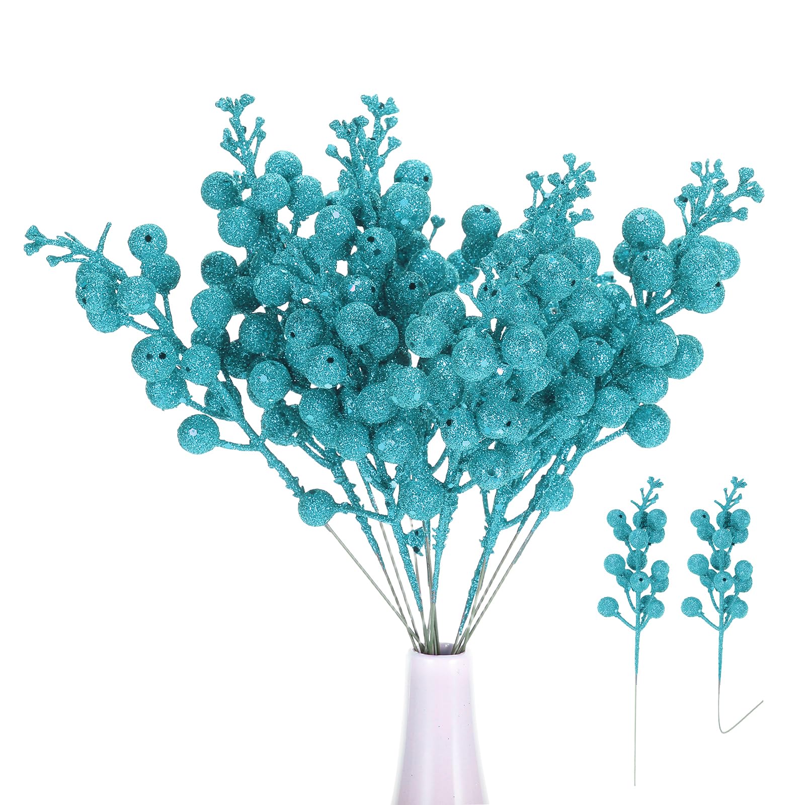 sourcing map 15Pcs Christmas Glitter Berries Stems, 9 Inch Artificial Berry Picks for Christmas Tree Ornaments Holiday Wedding DIY Wreath Crafts Decoration(Sky Blue)