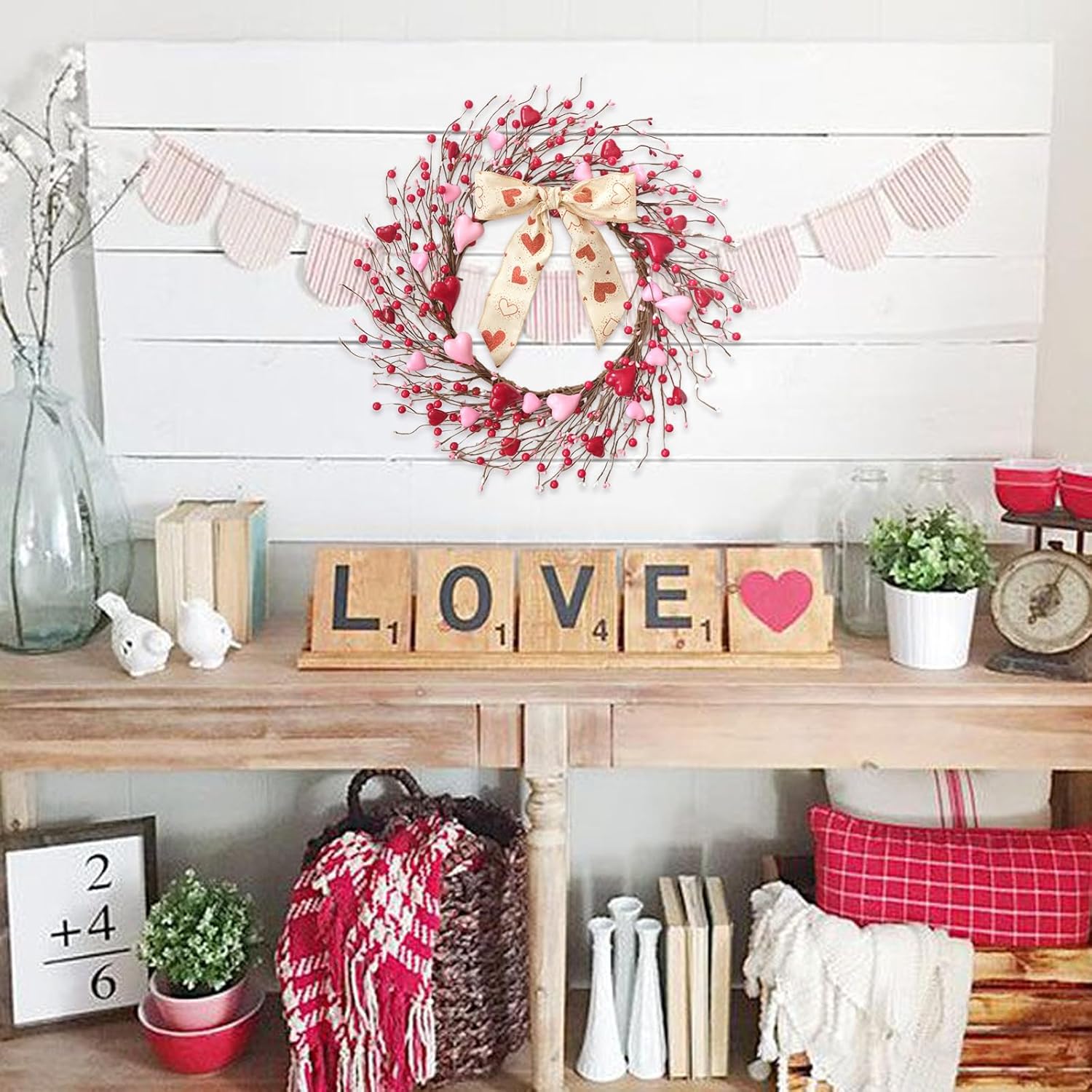 22-inch Valentine's Day Wreath, Red Pink Heart-Shaped Berry Bow Wreath for Front Door Valentine's Day Doorway Corridor Wall Fireplace Decoration Party Wedding Office Decor - Image 6