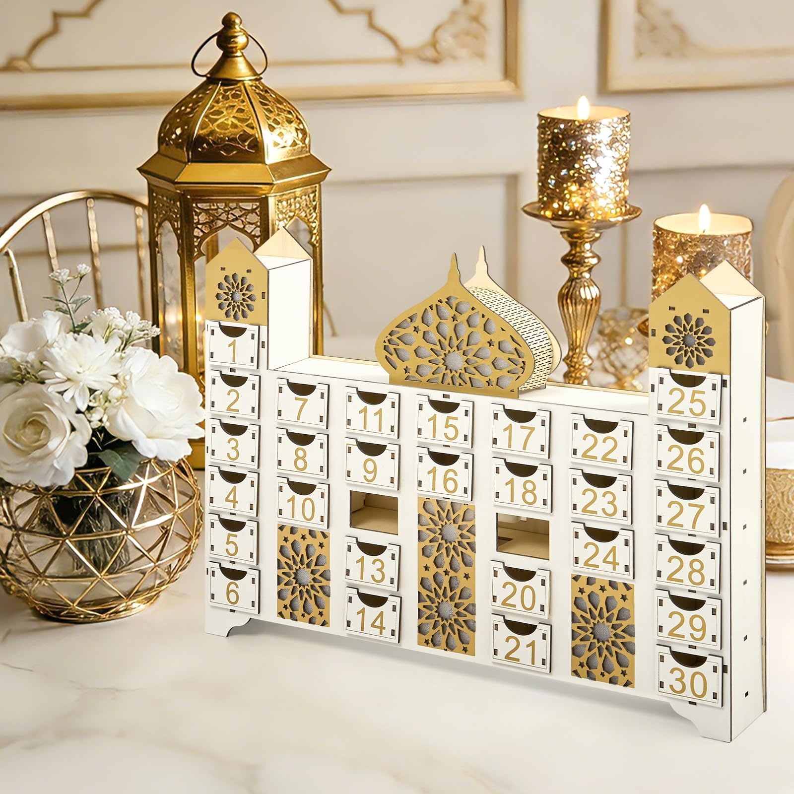 Ramadan-Countdown-Kalender, Eid Mubarak Adventskalender mit Schublade, Moscheeform, befüllbar, muslimische Ramadan-Dekoration für Zuhause, Urlaub, Tischdekoration, Geschenk, Partyzubehör