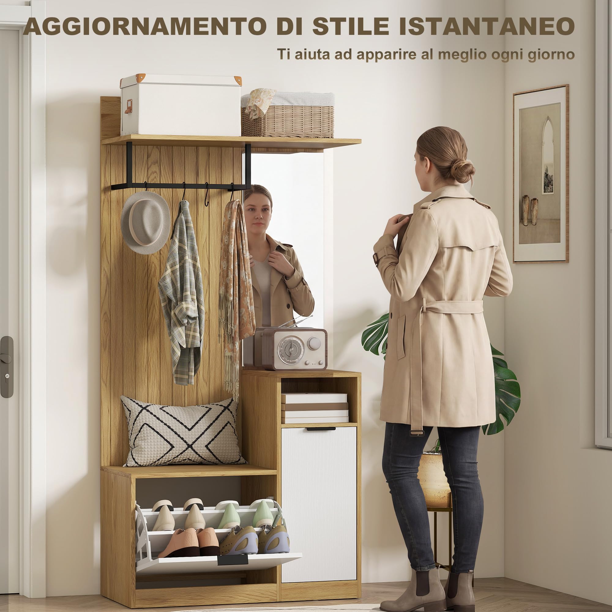 HOMCOM Appendiabiti da Ingresso con Specchio, 4 Ganci, Panca e Scarpiera, Mobile Appendiabiti con Armadietto e Ripiano Aperto, Gambe in Legno, per Ingresso Corridoio, Rovere e Bianco