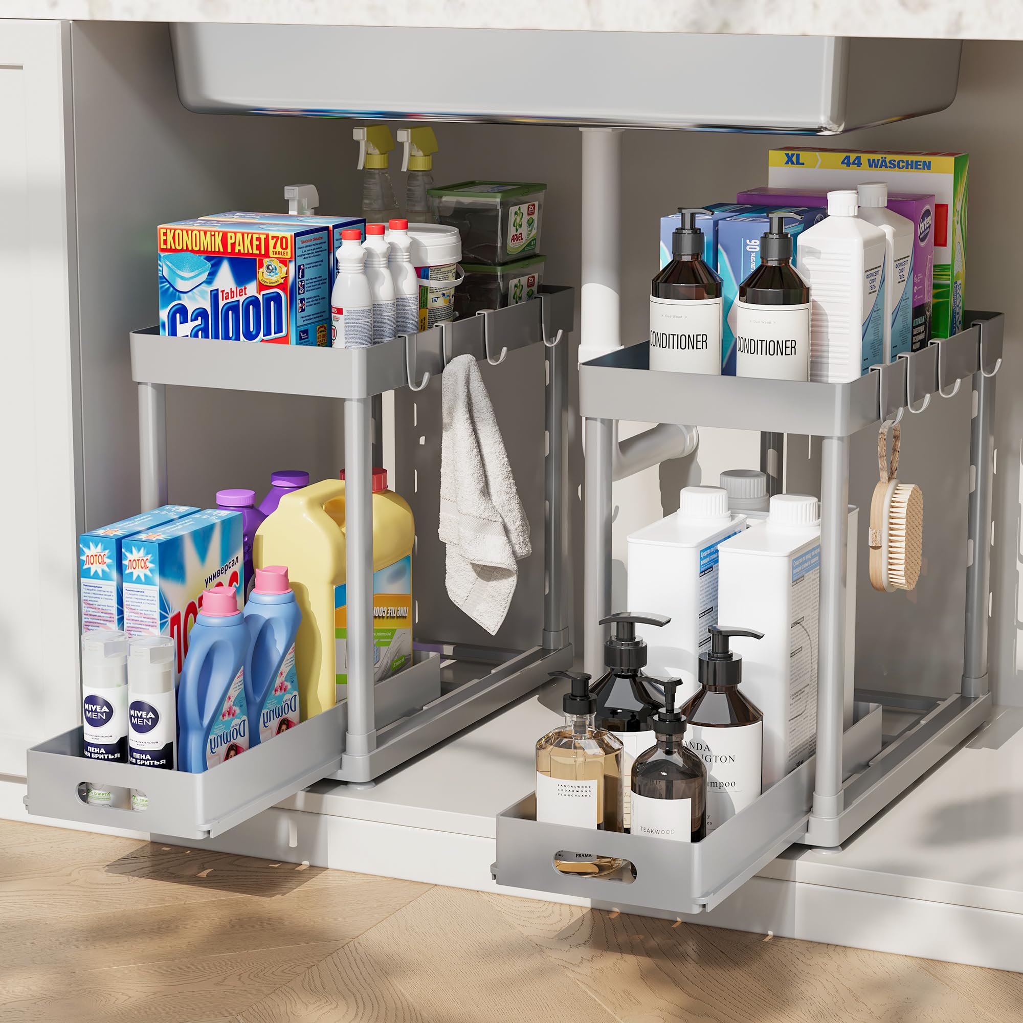 2 Pack Pull-Out Storage Organizers Under Sink Organizer and Storage for Bathroom Kitchen Multi-Purpose Under Cabinet Organizers and