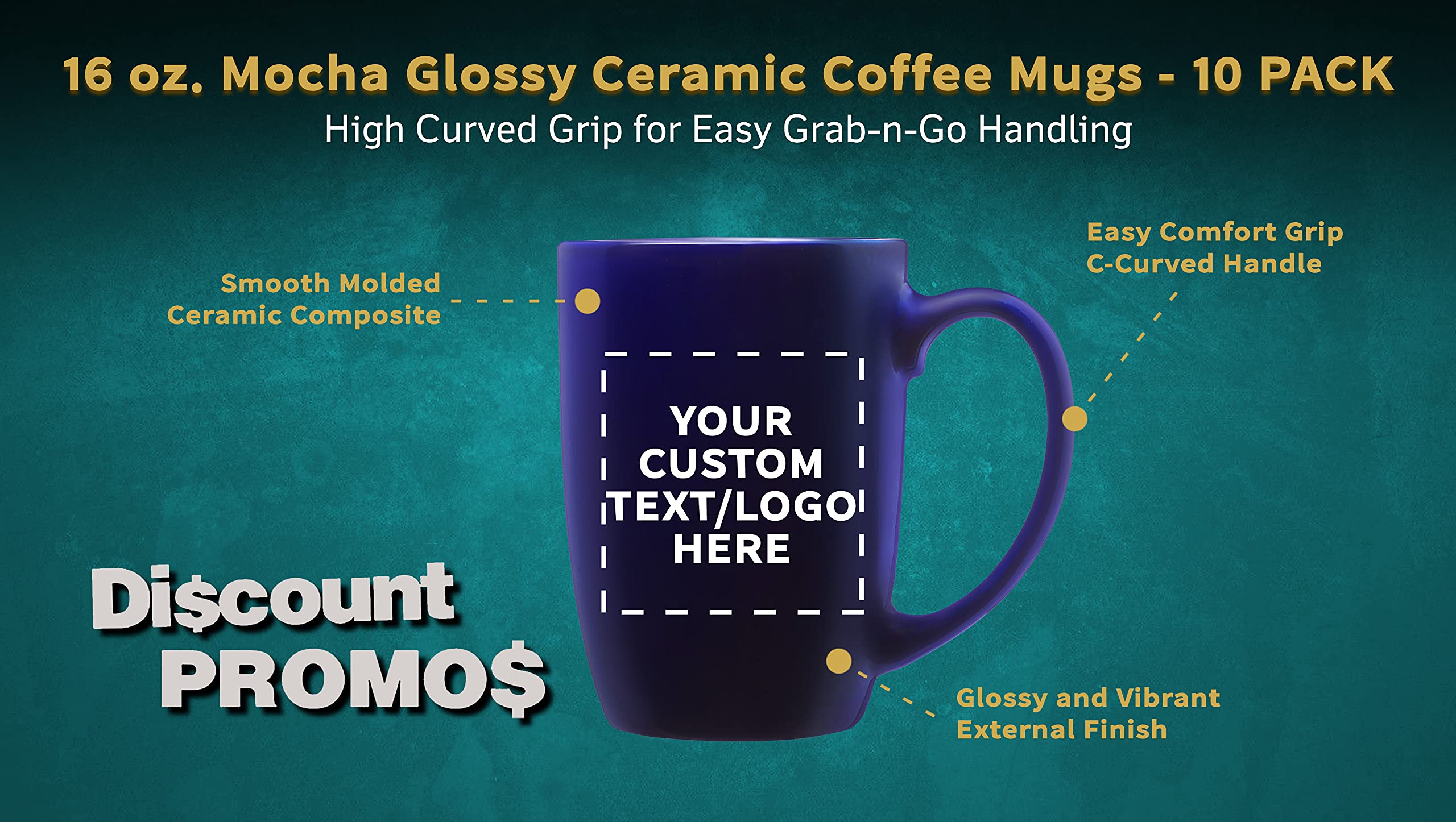Amazon.com: DISCOUNT PROMOS 10 Large Mocha Glossy Ceramic Coffee Mugs Set, 16  oz. - Customizable Text, Logo - Stoneware, Smooth, Durable, C-handle - Blue  : Home & Kitchen