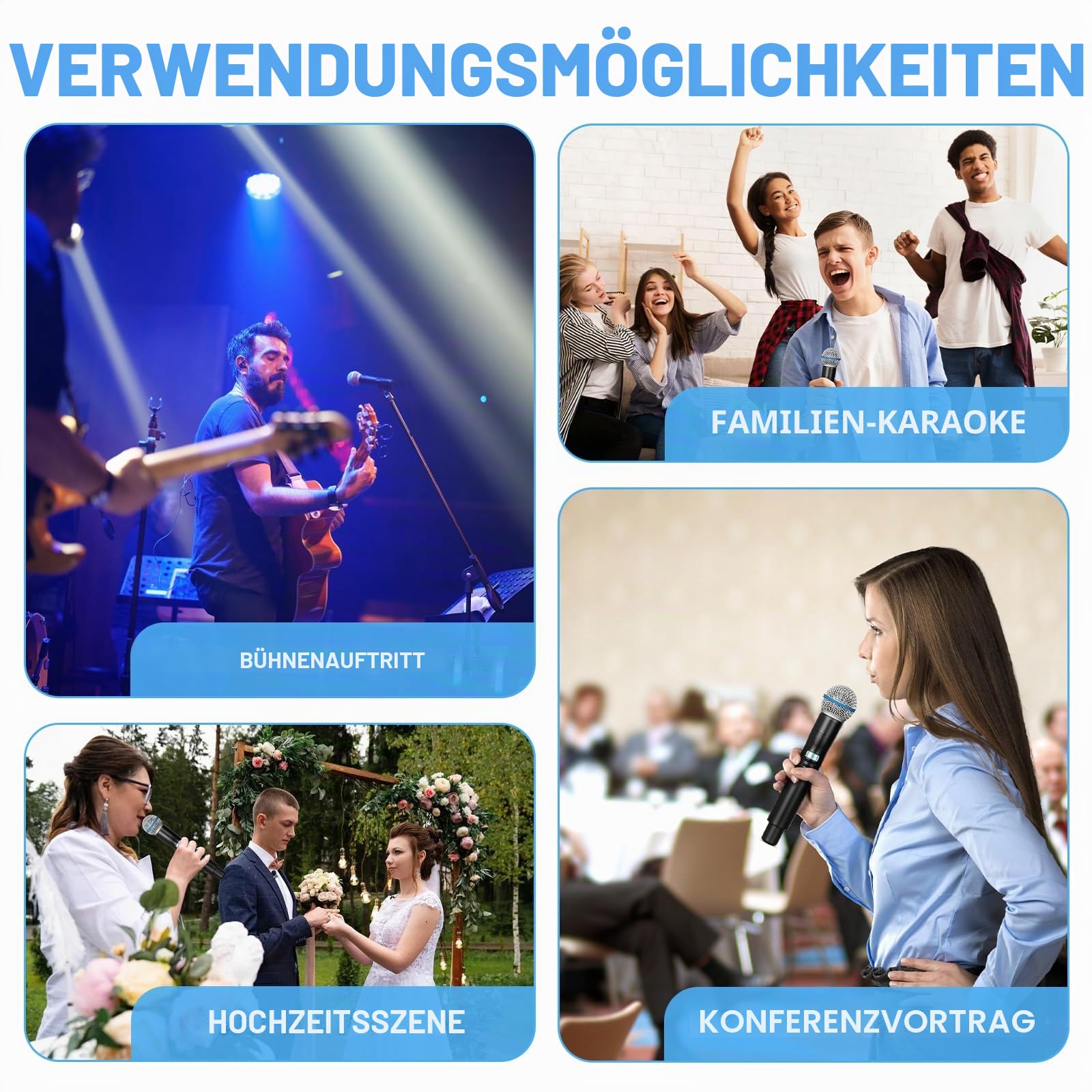 Depusheng LK4 Pro Kabelloses Mikrofonsystem, 4-Kanal UHF einstellbare Frequenzen, schnurloses Mikrofon mit 4 dynamischen Handmikrofonen, 260 Fuß Reichweite, Mikrofon für Gesang, Kirche, Karaoke, Party