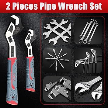 Polegas Universal Pipe Wrench,2 Pcs Self Locking Wrenchs(8in+12in) | Multifunctional Heavy Duty Pipe Wrenches Set for Car,Home,Pipeline and Mechanic Repair