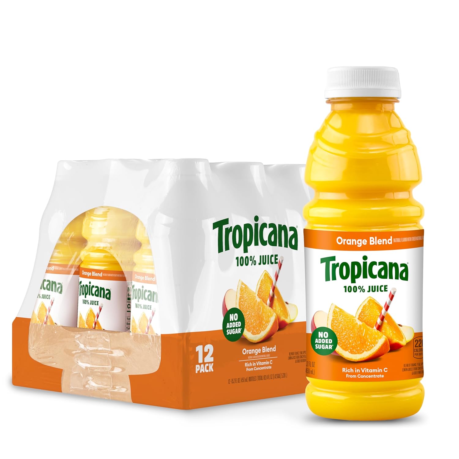 Tropicana 100% Juice Orange Blend, Single Serve, 15.2 fl oz Bottles (Pack of 12) - Real Fruit Juice, Vitamin C Rich, No Added Sugars, No Artificial Flavors
