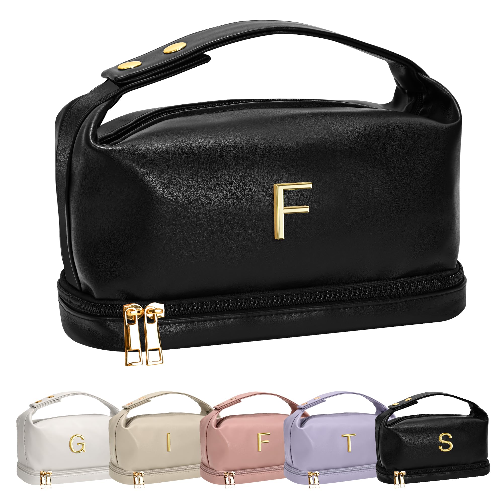 Gifts for Friends, Personalized Makeup Bags with Handle, Waterproof Double Layer Cosmetic Bag, Large Capacity PU Leather Makeup Bags Travel Toiletry Bag with Makeup Brush Organizer