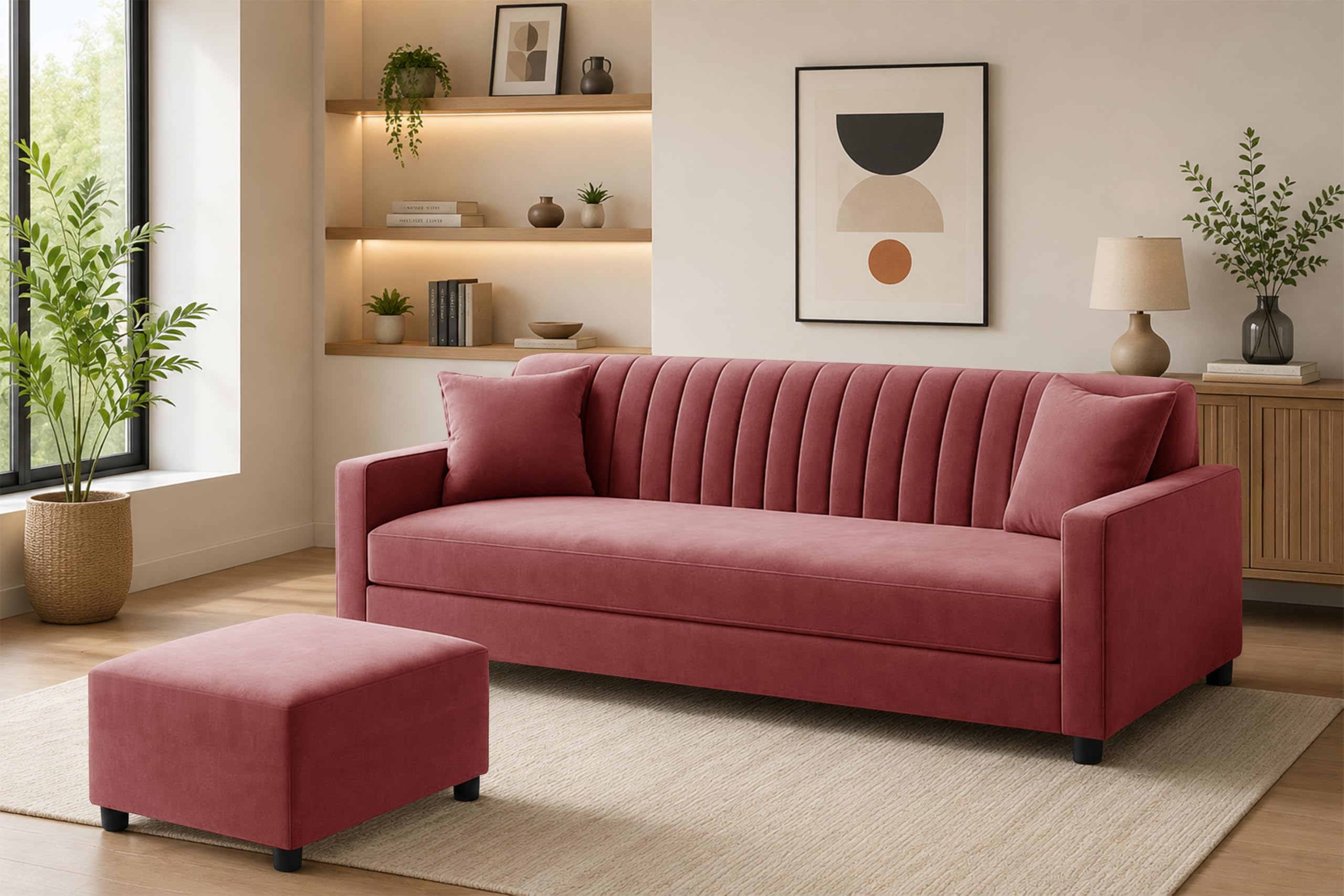 Deco Studio Modern 3-Seater Wooden Sofa Set with Ottoman, Soft Velvet Upholstery, Comfortable Couch for Living Room, Office & Apartment - Rose Pink Color