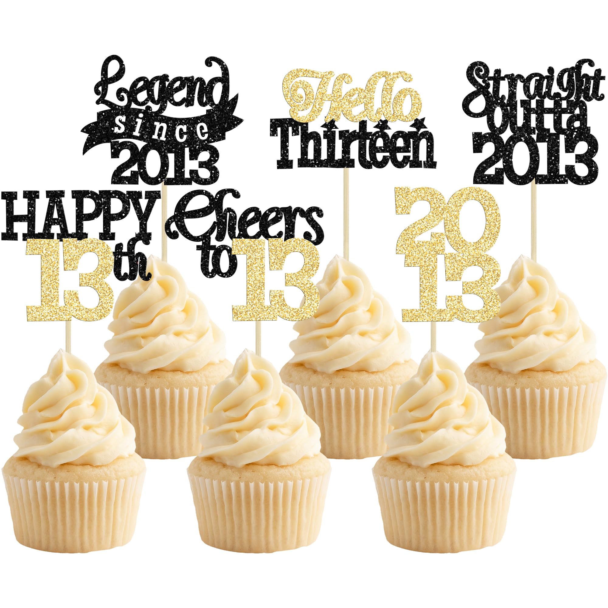 Gyufise 24Pcs Happy 13th Birthday Cupcake Toppers Hello Thirteen Legend Since 2013 Cupcake Picks Cheers to 13 Years Cake Decorations for 13th Birthday Anniversary Party Decorations Supplies Black Gold