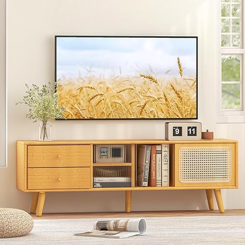 Miniatura 5 de Tangkula Soporte de TV moderno de mediados de siglo para televisores de hasta 65 pulgadas, centro de entretenimiento de bambú con puertas corredizas