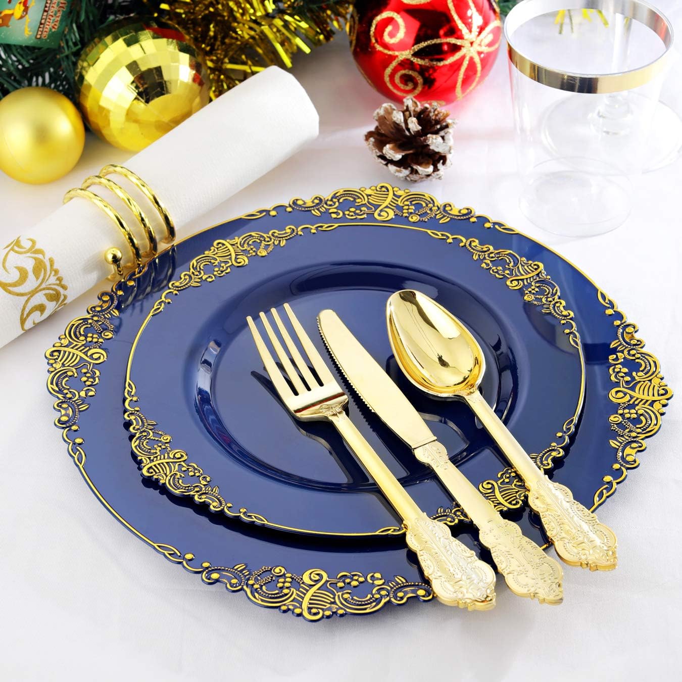 Nervure 175PCS Blue Plastic Plates - Gold Plastic Plates 100PCS White and Gold Paper Napkins - Disposable Napkins Built