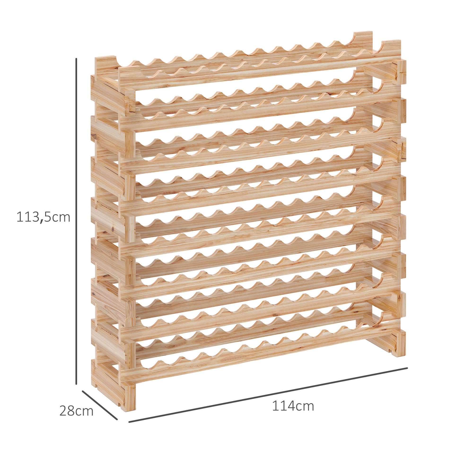 HOMCOM Botellero para 96 botellas, botellero con 8 niveles, modular y apilable, botellero de abeto macizo, para bodegas, bares, sótanos, 114×28×113,5cm, madera natural