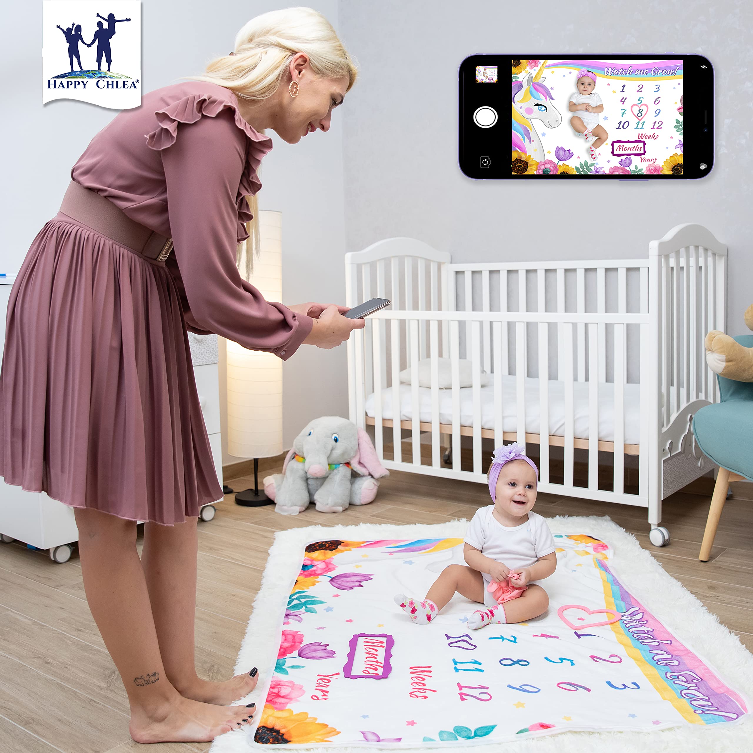 Happy Chlea® Manta Meses Bebé, Regalo de Nacimiento Original para Recién Nacido - Manta Fotográfica Infantil - Idea de Regalo Personalizados para Futuras Mamás - Certificado (Unicornio)