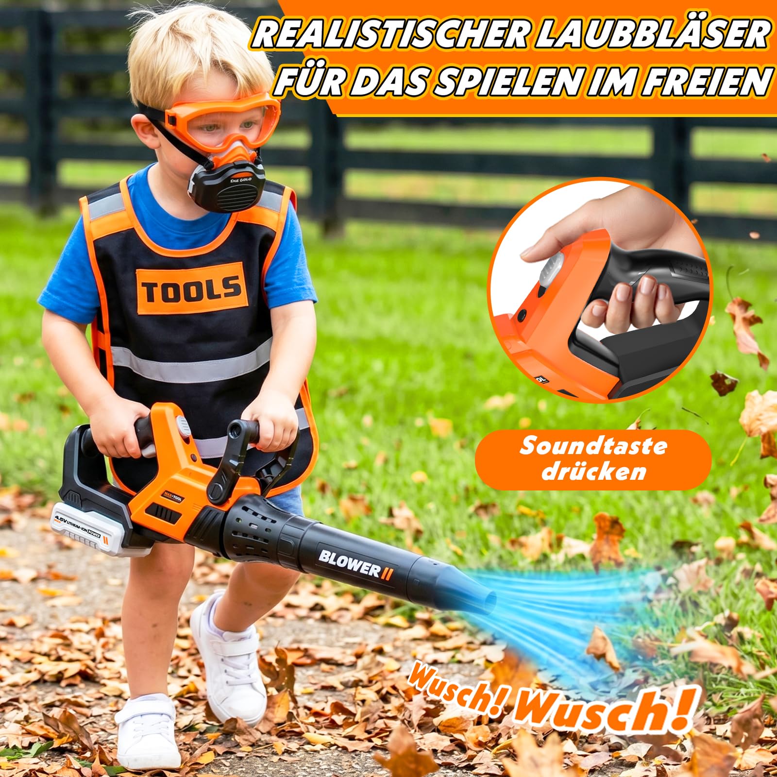 2 in 1 Werkzeug Kinder Spielzeug ab 3 Jahre, motorsäge Kinder, Kinder Rasenmäher & Laubbläser mit Geräusch, Gartenspielzeug Kinder Outdoor Spiele Geschenk 3-9 Jahre Junge