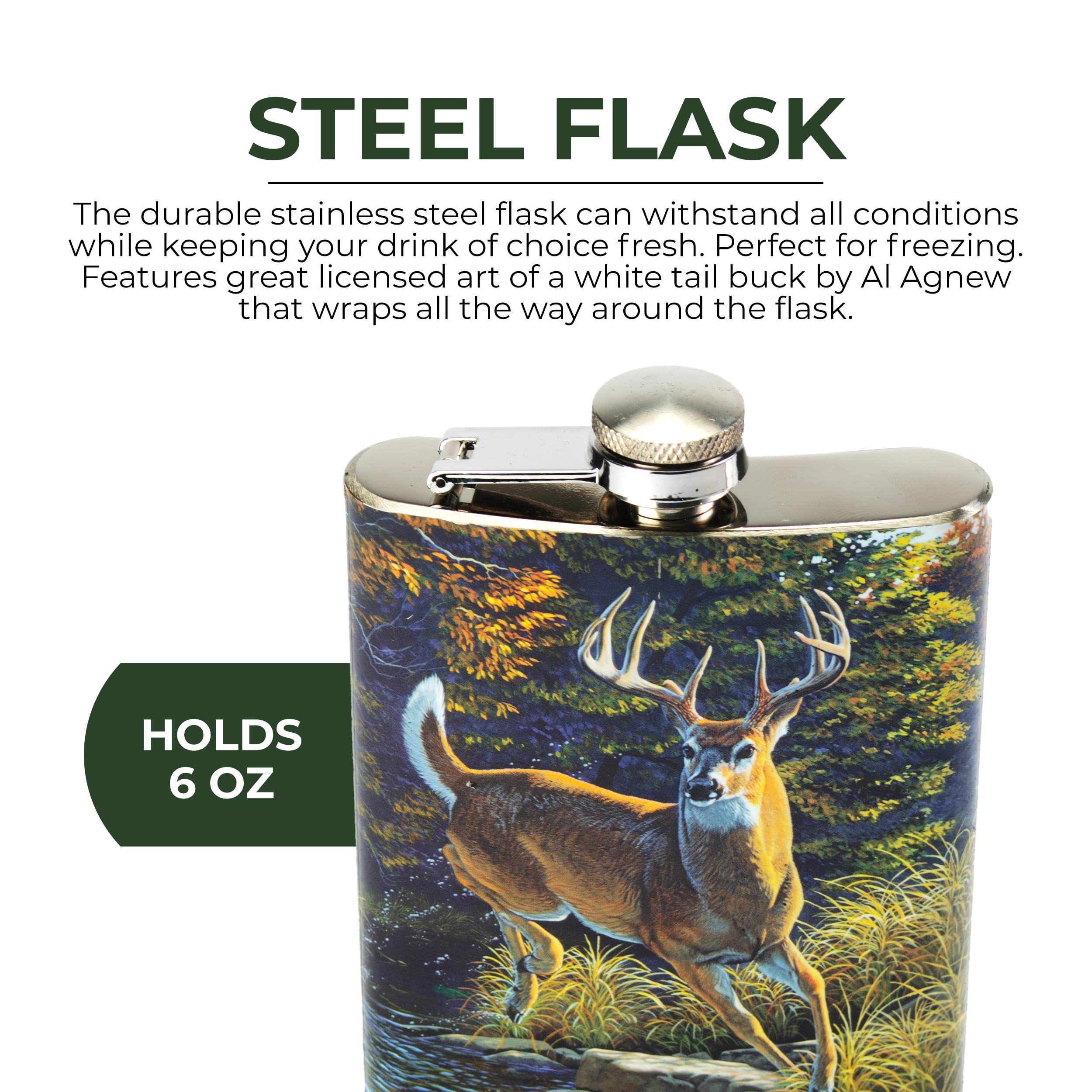 River's Edge Deer Design Stainless Steel Flask with Loading Funnel and Shot Glass, 988
