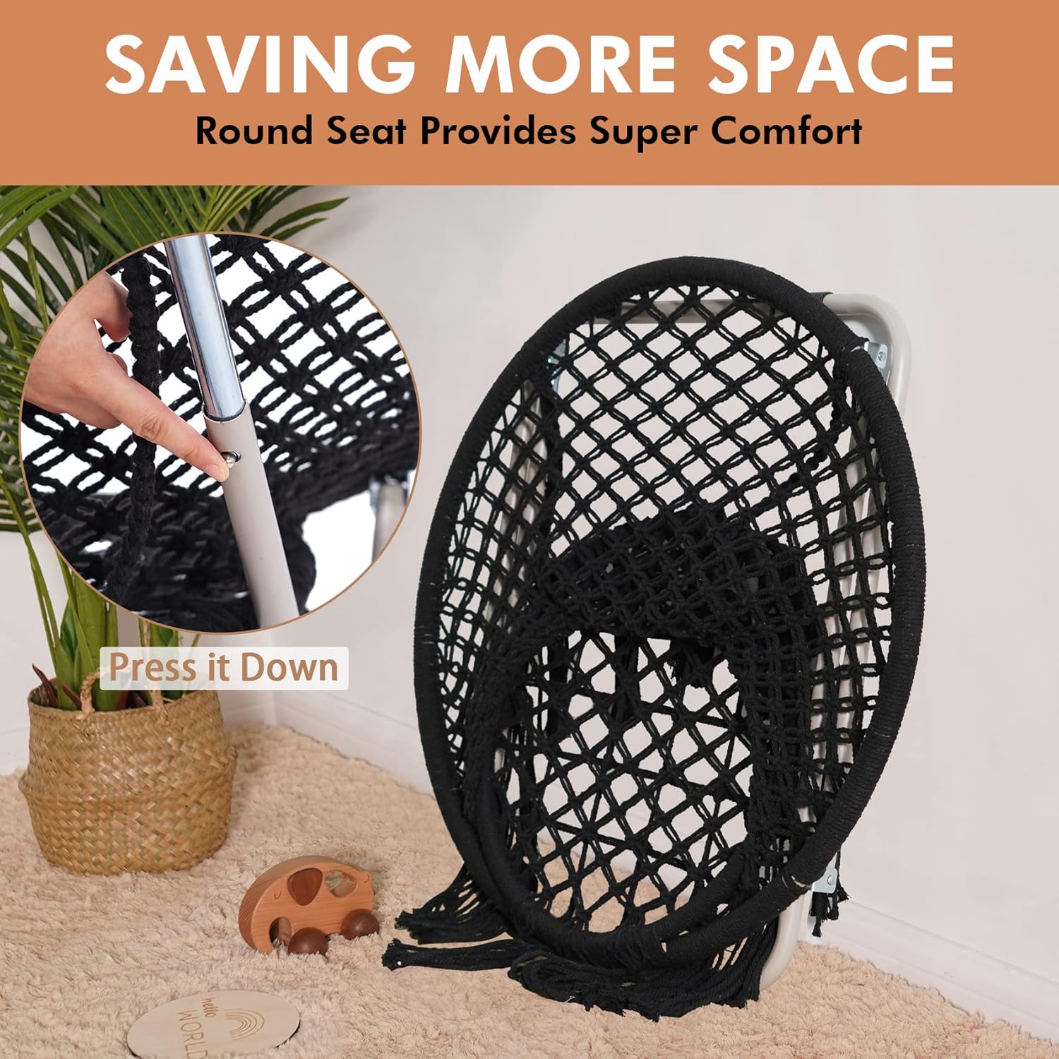 Saucer Chair with Folding Metal Frame, 100% Cotton Handmade Round Cozy Chairs, Exquisite Moon Chair for Bedroom, Living Room Décor,Black : Home & Kitchen