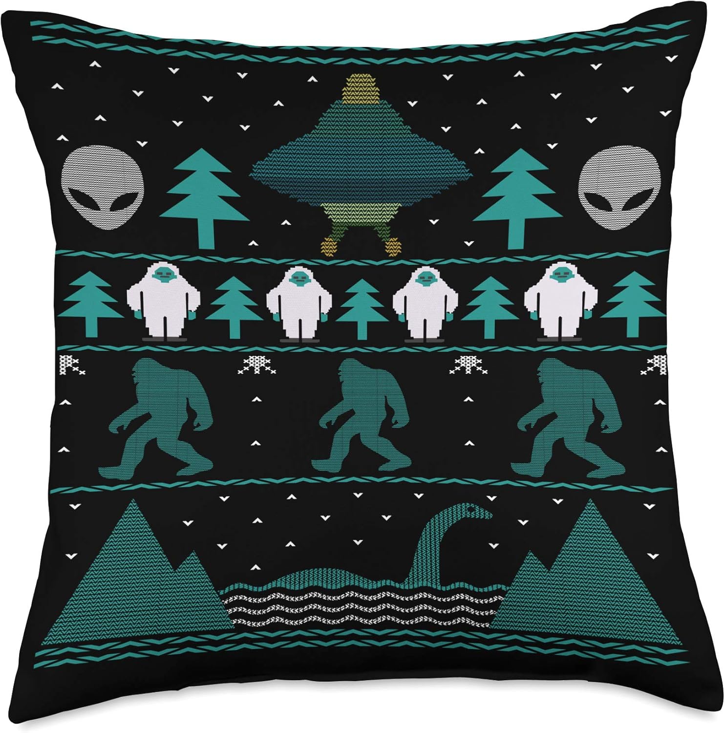 Sci Fi Bigfoot Aliens Yeti Ugly Christmas Sweater Design Throw Pillow