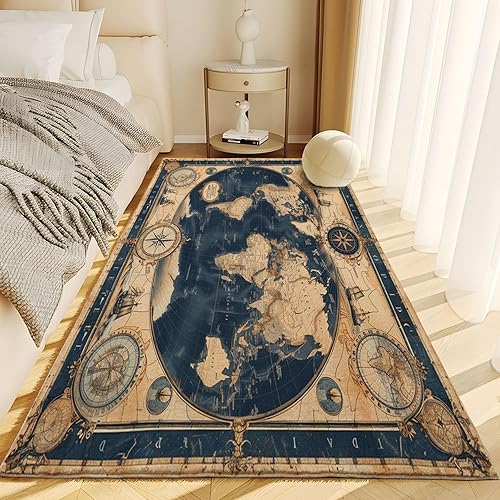 Miniatura 3 de Alfombra lavable a máquina con tema retro que no desprende pelusa y es de fácil cuidado, con mapa del mundo, para sala de estar, comedor, cocina,