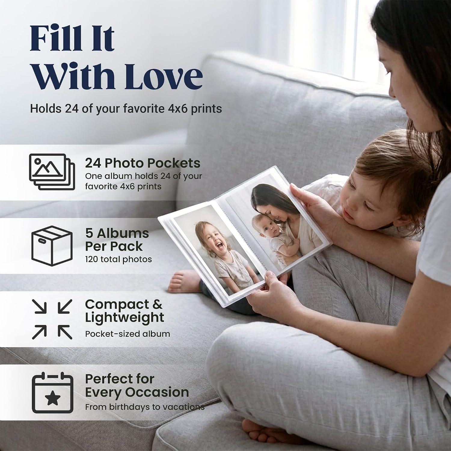 Iconikal 5 Pack, 4x6 Inch, Holds 24-Photos. Photo Albums with Clear Cover to Store and Display Memories, Vacations, Events, Weddings