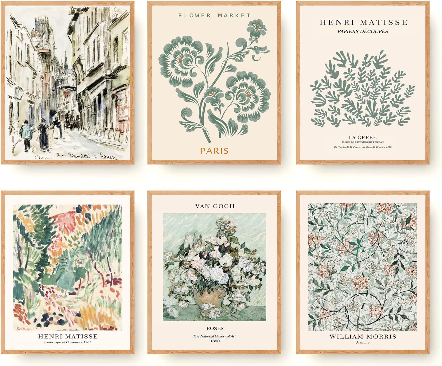 Sage Green Matisse Wall Art Prints Set of 6 Canvas Vintage Eclectic Aesthetic Abstract Gallery Floral Van Gogh William Morris Flower Market for Bedroom Living Room Decor (8"x10" UNFRAMED): Posters & Prints