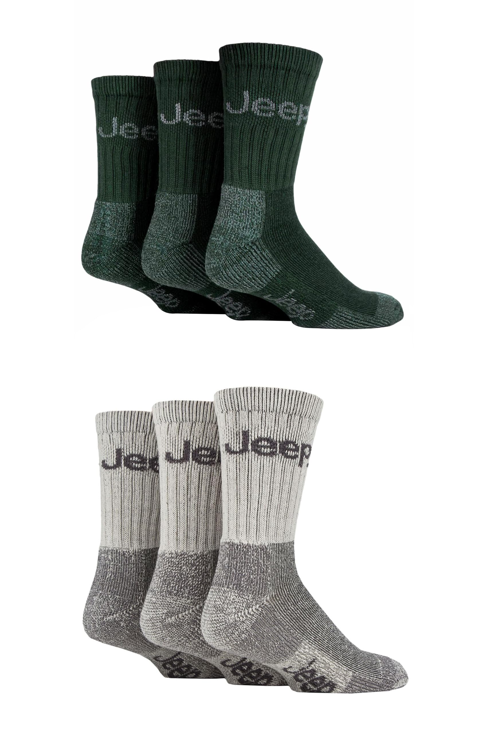 Jeep Men's Forest/Grey Cotton Boot Socks - Luxury Terrain Calf Length Plain With Logo,Ribbed, Cushioned & Chunky For Walking, Hiking, Trekking & The Outdoors Size 6-11 6 Pair Multipack