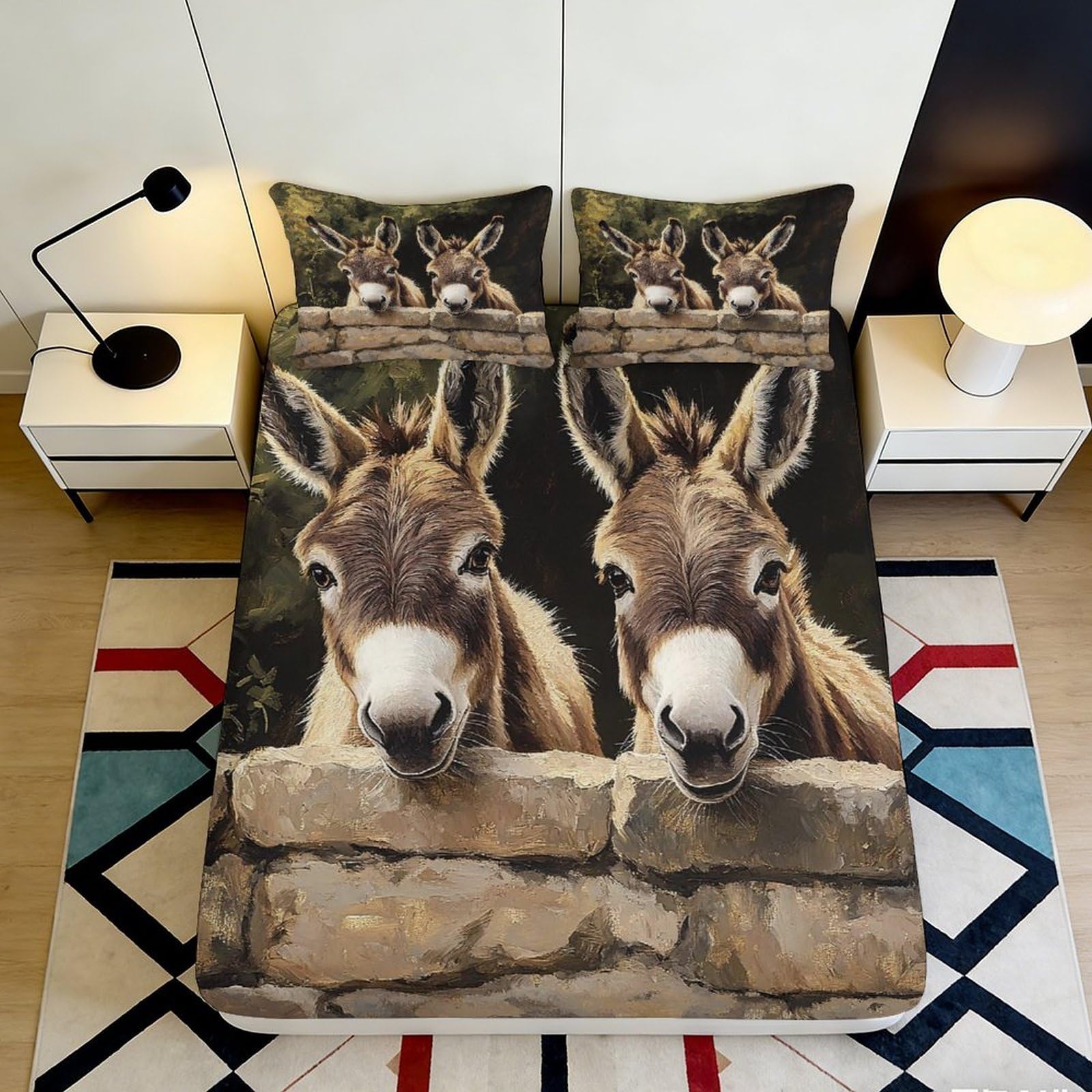 3D Printed Donkey Illustration Fitted Sheet Microfiber Soft Breathable Rustic Stone Wall Bed Cover for Bedroom Guest Room Decor 90x200x25cm
