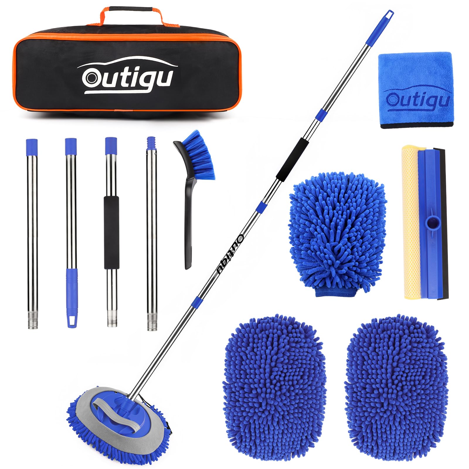 Autowasborstelset, 160 cm uitschuifbaar handvat, microvezel dweil met vervangende kop, wielborstel, handdoek en spons (blauw