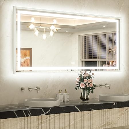 TETOTE 60 x 30 Large Bathroom Mirror Brushed Nickel Metal Frame Frontlit & Backlit Vanity Mirror 3 Colors White/Warm/Natural Stepless Dimmable Anti-Fog Bathroom Mirrors for Vanity Wall-Mounted