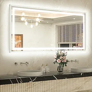 TETOTE 60 x 30 Large Bathroom Mirror Brushed Nickel Metal Frame Frontlit & Backlit Vanity Mirror 3 Colors White/Warm/Natural Stepless Dimmable Anti-Fog Bathroom Mirrors for Vanity Wall-Mounted