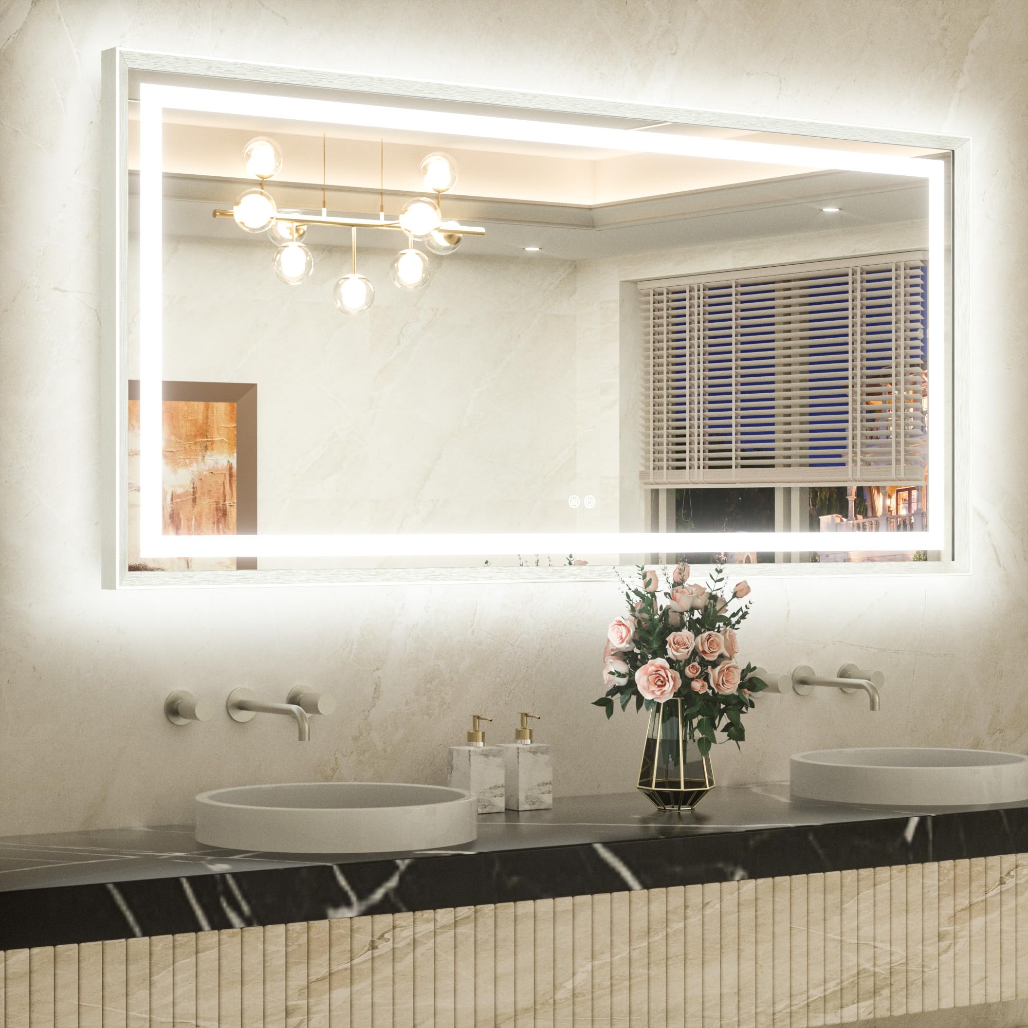 TETOTE 60 x 30 Large Bathroom Mirror Brushed Nickel Metal Frame Frontlit &amp; Backlit Vanity Mirror 3 Colors White/Warm/Natural Stepless Dimmable Anti-Fog Bathroom Mirrors for Vanity Wall-Mounted