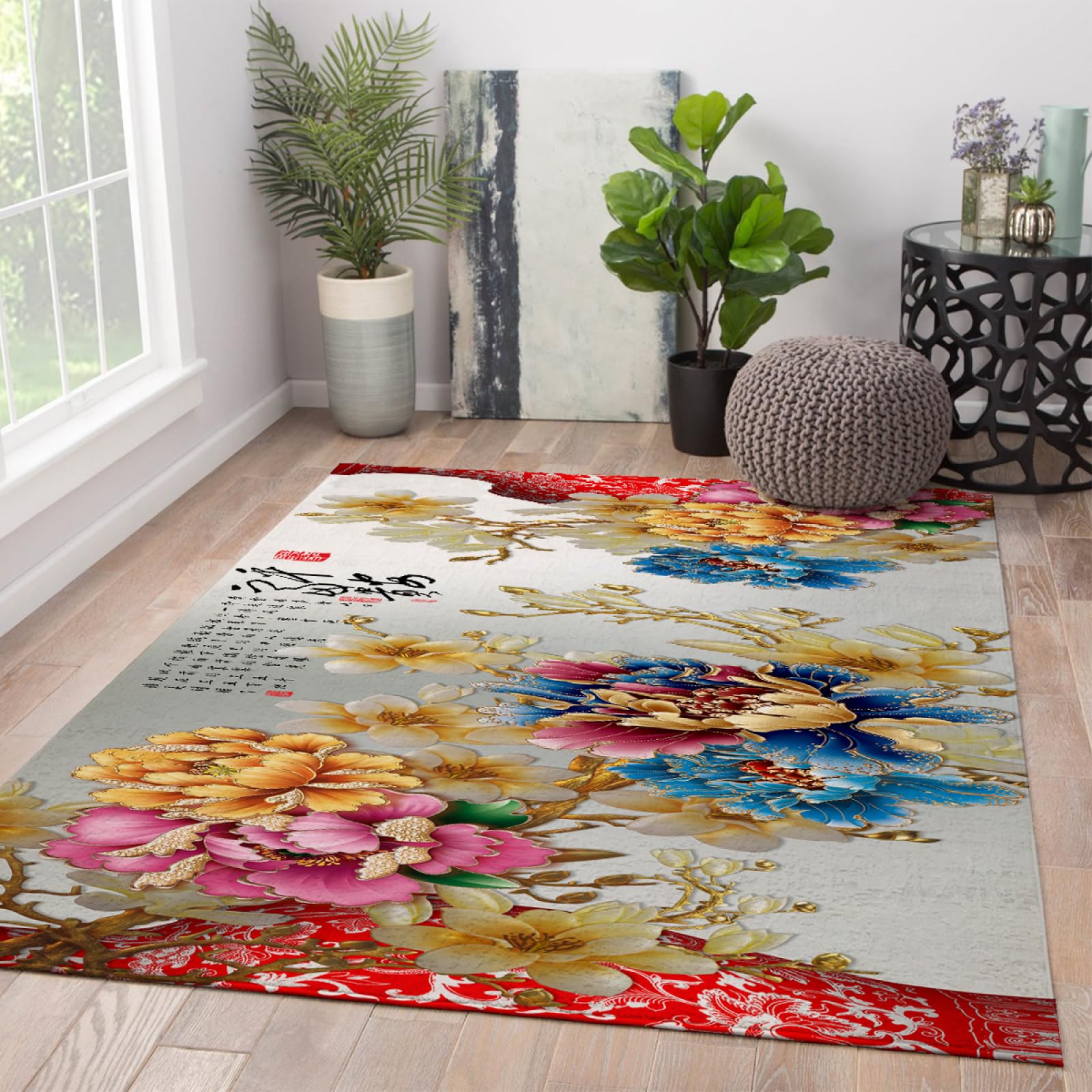 Tapis d’Impression 3D 120x180cm - coloré Riche Pivoine Magnolia Motif Machine Lavable Doux antidérapant à Poils Ras Mince Tapis pour buanderie