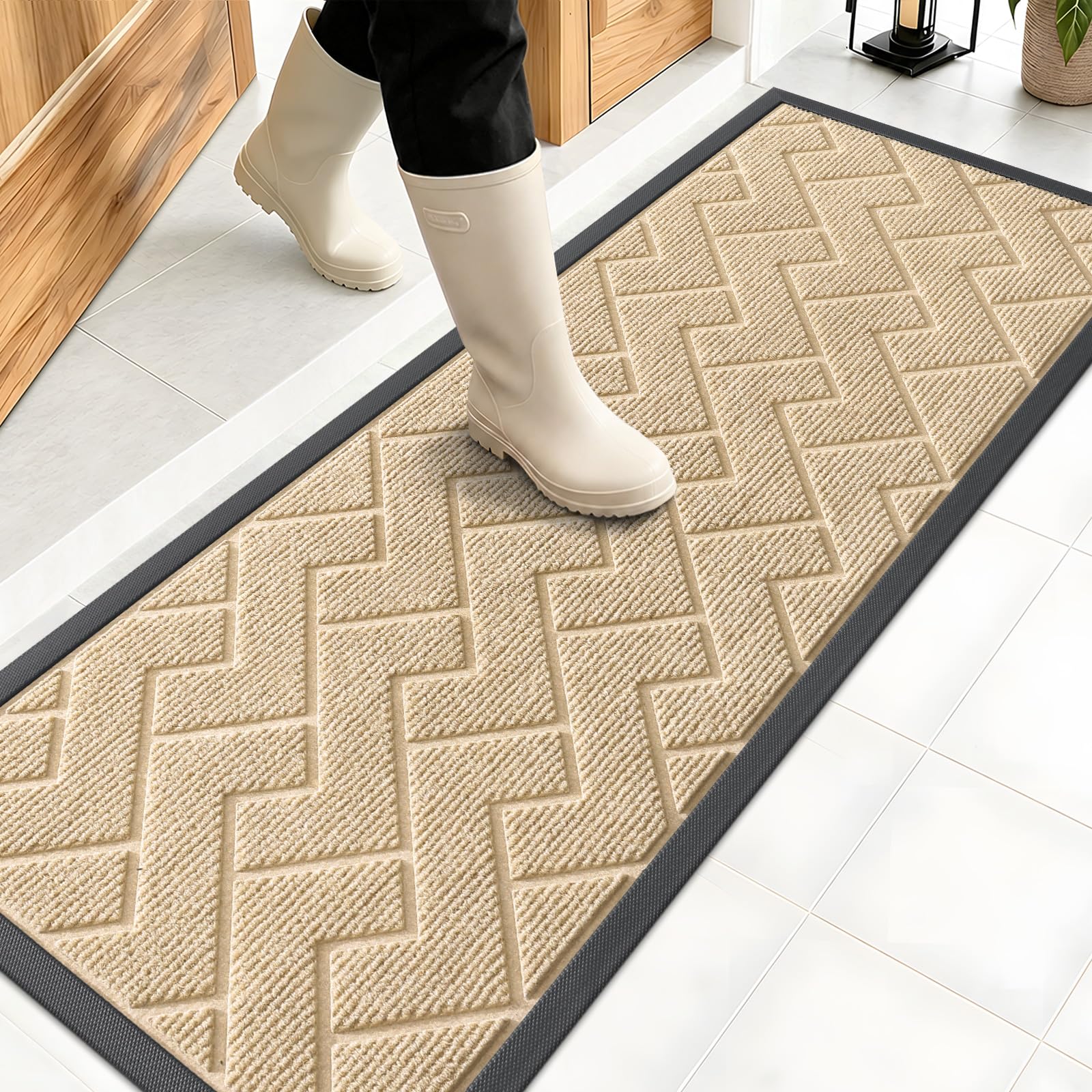 OLANLY Front Door Mat Outside 47x17, All-Season Absorbent Rubber Doormat | Beige, Heavy-Duty, Stain and Fade Resistant, Waterproof Non-Slip Backing, Low-Profile Indoor Outdoor Floor Mat for Entryway