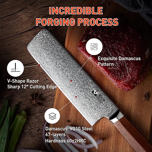 Vista 27 de Santoku - Cuchillo de cocina profesional VG-10 de 7 pulgadas con núcleo de corte de 67 capas, cuchillo de chef con mango hexagonal de madera natural